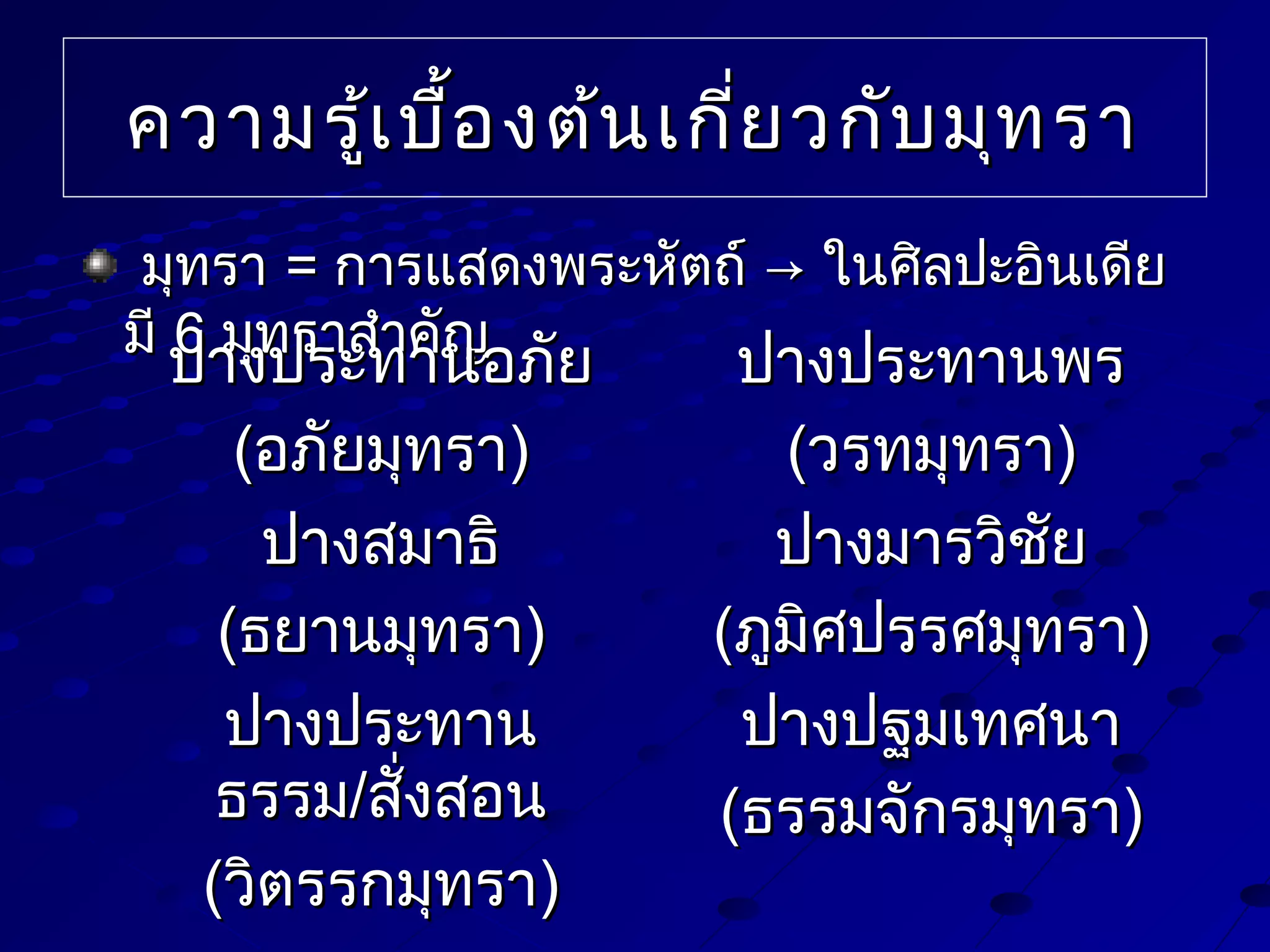 ความรู้เ บื้อ งต้น เกีย วกับ มุท รา
่
มุทรา = การแสดงพระหัตถ์ → ในศิลปะอินเดีย
มี 6 มุทราสำาคัญ
ปางประทานอภัย
ปางประทานพร

ปางประทานอภัย
(อภัยมุทรา)
ปางสมาธิ
(ธยานมุทรา)
ปางประทาน
ธรรม/สังสอน
่
(วิตรรกมุทรา)

ปางประทานพร
(วรทมุทรา)
ปางมารวิชย
ั
(ภูมิศปรรศมุทรา)
ปางปฐมเทศนา
(ธรรมจักรมุทรา)

 