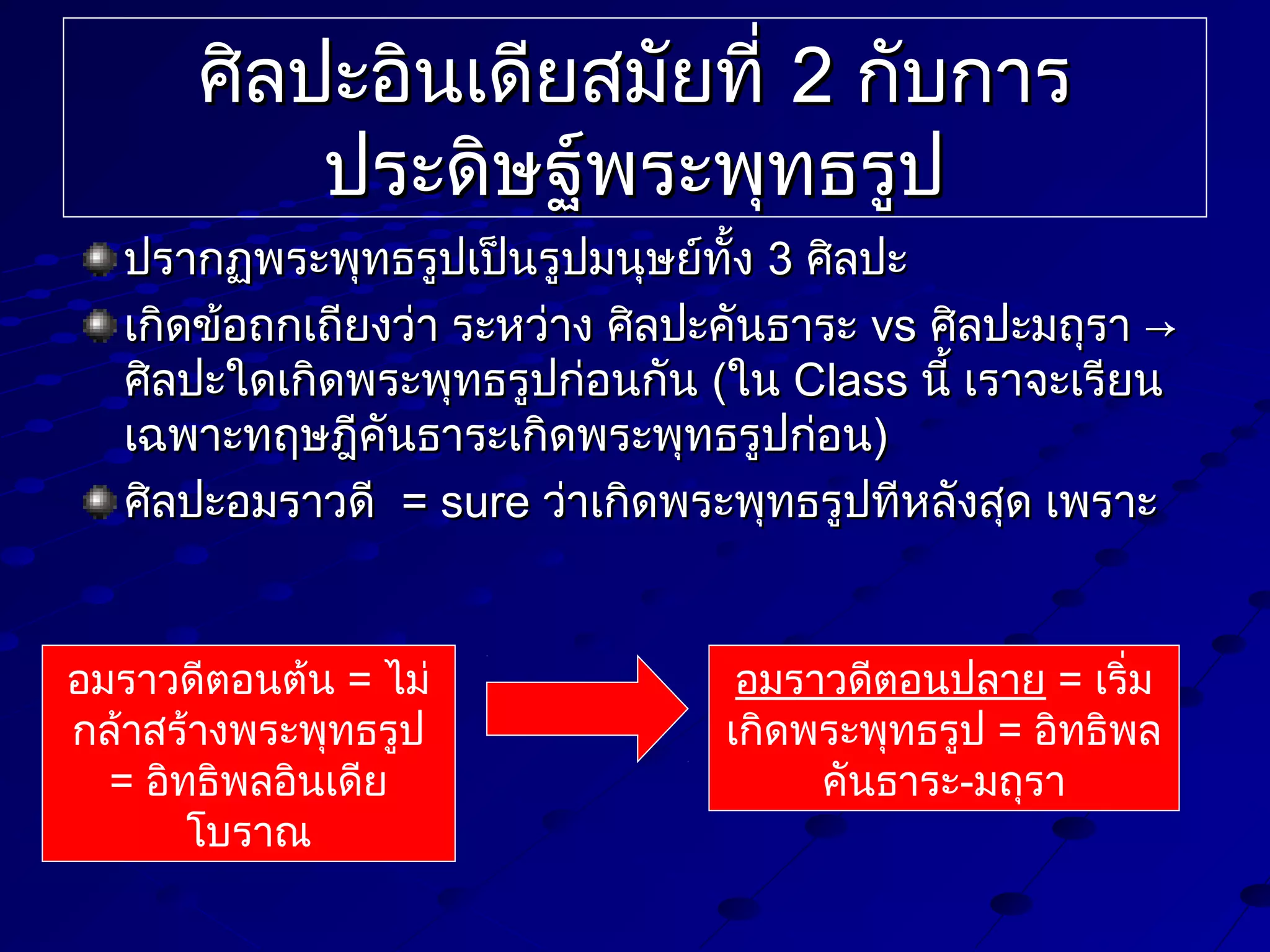 ศิลปะอินเดียสมัยที่ 2 กับการ
ประดิษฐ์พระพุทธรูป
ปรากฏพระพุทธรูปเป็นรูปมนุษย์ทั้ง 3 ศิลปะ
เกิดข้อถกเถียงว่า ระหว่าง ศิลปะคันธาระ vs ศิลปะมถุรา →
ศิลปะใดเกิดพระพุทธรูปก่อนกัน (ใน Class นี้ เราจะเรียน
เฉพาะทฤษฎีคันธาระเกิดพระพุทธรูปก่อน)
ศิลปะอมราวดี = sure ว่าเกิดพระพุทธรูปทีหลังสุด เพราะ

อมราวดีตอนต้น = ไม่
กล้าสร้างพระพุทธรูป
= อิทธิพลอินเดีย
โบราณ

อมราวดีตอนปลาย = เริ่ม
เกิดพระพุทธรูป = อิทธิพล
คันธาระ-มถุรา

 
