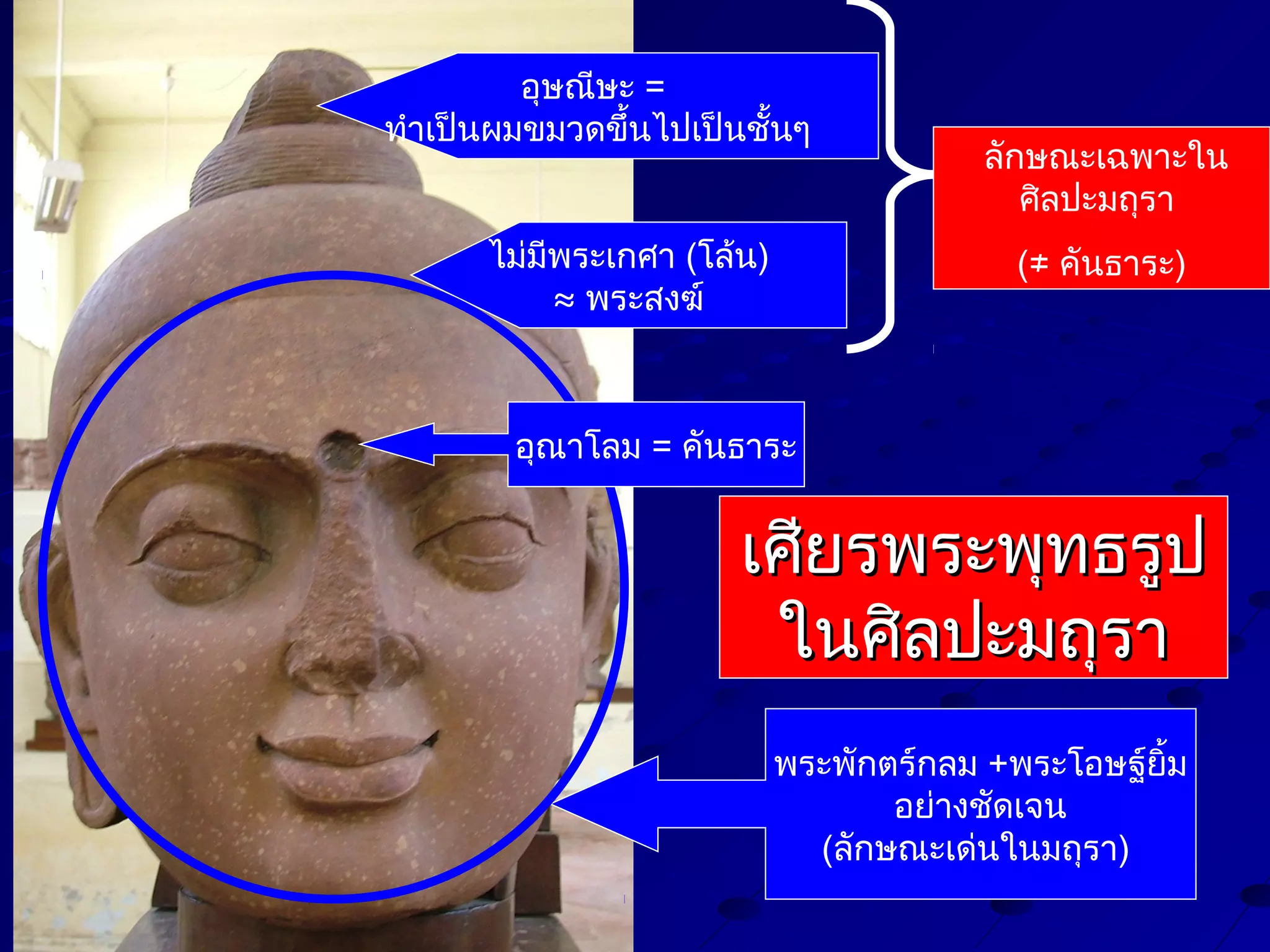 อุษณีษะ =
ทำาเป็นผมขมวดขึ้นไปเป็นชั้นๆ
ไม่มีพระเกศา (โล้น)
≈ พระสงฆ์

ลักษณะเฉพาะใน
ศิลปะมถุรา
(≠ คันธาระ)

อุณาโลม = คันธาระ

เศียรพระพุทธรูป
ในศิลปะมถุรา
พระพักตร์กลม +พระโอษฐ์ยิ้ม
อย่างชัดเจน
(ลักษณะเด่นในมถุรา)

 
