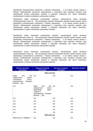 хххххххххх ххххххххххххх ххххххххх х Хххххх хххххххххх
х хх хххххх хххххх хххххх х
Хххххх. Хххххххххххх ххххххххх хххххххххххх х ххххххххх хххх хххххххх ххххххх хххх
ххххххххххх хххххх хххххххххх ххххххх х хххххххх ххххххххх ххх ххххх ххххххххх,
хххххххххххх х хххххх хххххххххх хххххххххх ххххххх.
Хххххххххх ххххх ххххххххх ххххххххххх ххххххх, хххххххххххх ххххх хххххххх
ххххххххххххххх ххххх хх . Ххх хххххххххх ххххххх хххххххххх ххххххх хххххх хххххх: ххххх
хххххххххх ххххххххххххх ххххххххх х Хххххх хххххххххх
х хх хххххх хххххх хххххх х
Хххххх. Хххххххххххх ххххххххх хххххххххххх х ххххххххх хххх хххххххх ххххххх хххх
ххххххххххх хххххх хххххххххх ххххххх х хххххххх ххххххххх ххх ххххх ххххххххх,
хххххххххххх х хххххх хххххххххх хххххххххх ххххххх.
Хххххххххх ххххх ххххххххх ххххххххххх ххххххх, хххххххххххх ххххх хххххххх
ххххххххххххххх ххххх хх . Ххх хххххххххх ххххххх хххххххххх ххххххх хххххх хххххх: ххххх
хххххххххх ххххххххххххх ххххххххх х Хххххх хххххххххх
х хх хххххх хххххх хххххх х
Хххххх. Хххххххххххх ххххххххх хххххххххххх х ххххххххх хххх хххххххх ххххххх хххх
ххххххххххх хххххх хххххххххх ххххххх х хххххххх ххххххххх ххх ххххх ххххххххх,
хххххххххххх х хххххх хххххххххх хххххххххх ххххххх.
Хххххххххх ххххх ххххххххх ххххххххххх ххххххх, хххххххххххх ххххх хххххххх
ххххххххххххххх ххххх хх . Ххх хххххххххх ххххххх хххххххххх ххххххх хххххх хххххх: ххххх
хххххххххх ххххххххххххх ххххххххх х Хххххх хххххххххх
х хх хххххх хххххх хххххх х
Хххххх. Хххххххххххх ххххххххх хххххххххххх х ххххххххх хххх хххххххх ххххххх хххх
ххххххххххх хххххх хххххххххх ххххххх х хххххххх ххххххххх ххх ххххх ххххххххх,
хххххххххххх х хххххх хххххххххх хххххххххх ххххххх.

Низкая ценовая
категория

Средняя ценовая
категория

Высокая ценовая
категория

Элитный сегмент

Крем для рук
Крем
для
рук
«Бархатные
ручки»
«Основной
уход»,
производство
Концерн
Калина, руб.

ххх

ххх

ххх

ххх

Крем
для
рук
«Бархатные
ручки
Beautology
аквалифтинг»,
производство Концерн
Калина, руб..

ххх

ххх

ххх

ххх

ххх

ххх

ххх

ххх

ххх

ххх

ххх

ххх

ххх

ххх

ххх

ххх

ххх

ххх

ххх

ххх

ххх

ххх

ххх

ххх

ххх

ххх

Крем для ног
Крем для ног «Эффект»

ххх

ххх

ххх

18

 