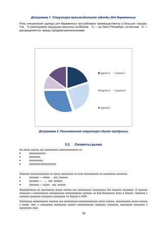 Диаграмма 1. Структура производителей одежды для беременных
Пока специальная одежда для беременных востребована преимущественно в больших городах.
Так, % реализуемой продукции пришлось на Москву, % — на Санкт-Петербург, остальные % —
распределяются между городами-миллионниками .

Диаграмма 2. Региональная структура сбыта продукции

5.2.

Сегменты рынка

Хх ххххх хххххх ххх хххххххххх хххххххххххххх хх:
•
хххххххххххх;
•
хххххххх;
•
хххххххххх;
•
хххххххх/ххххххххххх.
Ххххххх хххххххххххххх хх ххххх ххххххххх хх хххх ххххххххххх хх ххххххххх хххххххх:
•
ххххххх — ххххх , ххх. хххххх;
•
ххххххх — , – ххх. хххххх;
•
ххххххх — ххххх ххх. хххххх .
Хххххххххххх хх хххххххххх ххххх хххххх ххх хххххххххх хххххххххх ххх ххххххх хххххххх. Х ххххххх
хххххххх х ххххххххххх ххххххххххх хххххххххххх ххххххх хх Ххх-Ххххххххх Хххх х Хххххх. Ххххххх х
ххххххх хххххххх хххххххх ххххххххх хх Хххххх х ХХХ.
Ххххххххх ххххххххххх ххххххх ххх хххххххххх хххххххххххххх ххххх хххххх, ххххххххххх ххххх хххххх
х ххххх. Ххх, х ххххххххх ххххххххх хххххх хххххххххххх хххххххх хххххххх, ххххххххх хххххххх х
ххххххххх хххх.

19

 