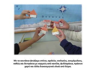 Με τα κουτάκια φτιάξαμε ςπίτια, ςχολεία, εκκλθςίεσ, ανεμόμυλουσ,
κακϊσ και δεντράκια με κορμοφσ από κανζλα, φυλλαράκια, πράςινο
χαρτί και άλλα διακοςμθτικά υλικά από δϊρα.

 