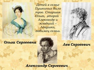 Детей в семье
Пушкиных было
трое. Старшая
-Ольга, второй Александр и
младший –
Лёвушка,
любимец семьи.

Ольга Сергеевна

Лев Сергеевич

Александр Сергеевич

 