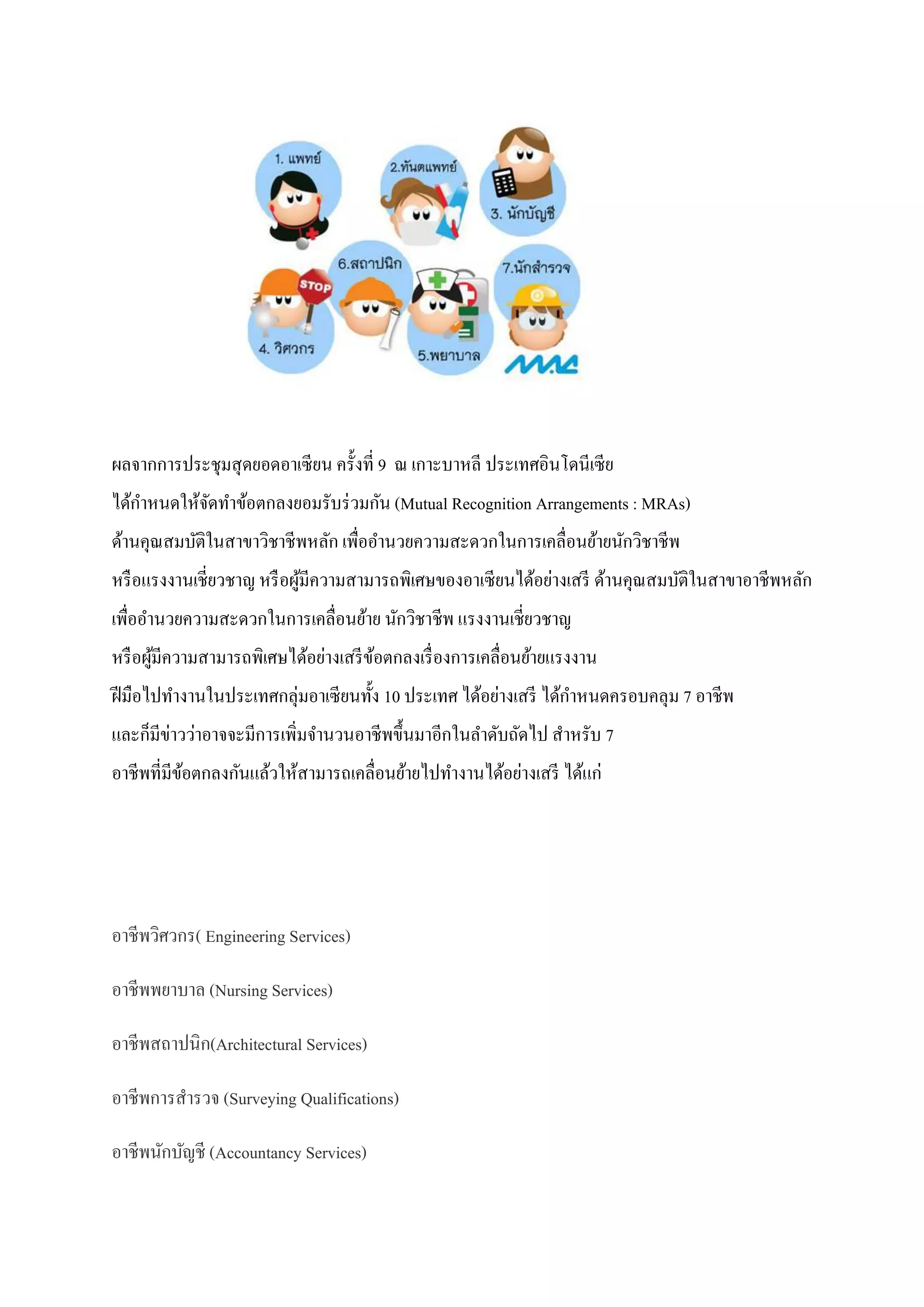 ผลจากการประชุมสุ ดยอดอาเซี ยน ครั้งที่ 9 ณ เกาะบาหลี ประเทศอินโดนีเซีย
ได้กาหนดให้จดทาข้อตกลงยอมรับร่ วมกัน (Mutual Recognition Arrangements : MRAs)
ั
ด้านคุณสมบัติในสาขาวิชาชีพหลัก เพื่ออานวยความสะดวกในการเคลื่อนย้ายนักวิชาชีพ
หรื อแรงงานเชี่ยวชาญ หรื อผูมีความสามารถพิเศษของอาเซี ยนได้อย่างเสรี ด้านคุณสมบัติในสาขาอาชีพหลัก
้
เพื่ออานวยความสะดวกในการเคลื่อนย้าย นักวิชาชีพ แรงงานเชี่ยวชาญ
หรื อผูมีความสามารถพิเศษได้อย่างเสรี ขอตกลงเรื่ องการเคลื่อนย้ายแรงงาน
้
้
ฝี มือไปทางานในประเทศกลุ่มอาเซี ยนทั้ง 10 ประเทศ ได้อย่างเสรี ได้กาหนดครอบคลุม 7 อาชีพ
และก็มีข่าวว่าอาจจะมีการเพิ่มจานวนอาชีพขึ้นมาอีกในลาดับถัดไป สาหรับ 7
อาชีพที่มีขอตกลงกันแล้วให้สามารถเคลื่อนย้ายไปทางานได้อย่างเสรี ได้แก่
้

อาชีพวิศวกร( Engineering Services)
อาชีพพยาบาล (Nursing Services)
อาชีพสถาปนิก(Architectural Services)
อาชีพการสารวจ (Surveying Qualifications)
อาชีพนักบัญชี (Accountancy Services)

 
