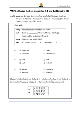 ภาษาอังกฤษ ม.3 หนา 12
PART 2 : Choose the best answer for A, B and C. (Items 31-40)

ตอนที่ 2 แบบระบาย 3 คําตอบ เลือกคําตอบทีเหมาะสมสัมพันธกันในสวน A สวน B และ
่
สวน C ขอ 31-40 ขอละ 4 คะแนน (ตอบถูก 1 สวน ได 1 คะแนน ตอบถูก 2 สวน ได
2.5 คะแนน ตอบถูก 3 สวน ได 4 คะแนน)
ตัวอยาง 00.
Jenny : Long time no see. Where have you been?
Andy : I went to _____A____ with my host family a month ago.
You know I like sunbathing in Thailand.
Jenny : Where is it and what is it like?
Andy : It's a province in the _____B____, with lots of ____C____.

A

4) Kanchanaburi

1) north

2) west

3) south

4) northeast

1) beaches

2) mountains

3) waterfalls

C

2) Phuket

3) Khon Kaen

B

1) Chiang Mai

4) museums

วิธีตอบ ถานักเรียนคิดวา สวน A ตัวเลือกที่ 2) เปนคําตอบที่ถูกที่สุด สวน B ตัวเลือกที่ 3)
เปนคําตอบทีถกทีสดและสวน C ตัวเลือกที่ 1) เปนคําตอบทีถกทีสดใหระบายทับเลขดังนี้
ู่ ุ่
ู่ ุ่
ขอ
00.

A 
B 
C 

 