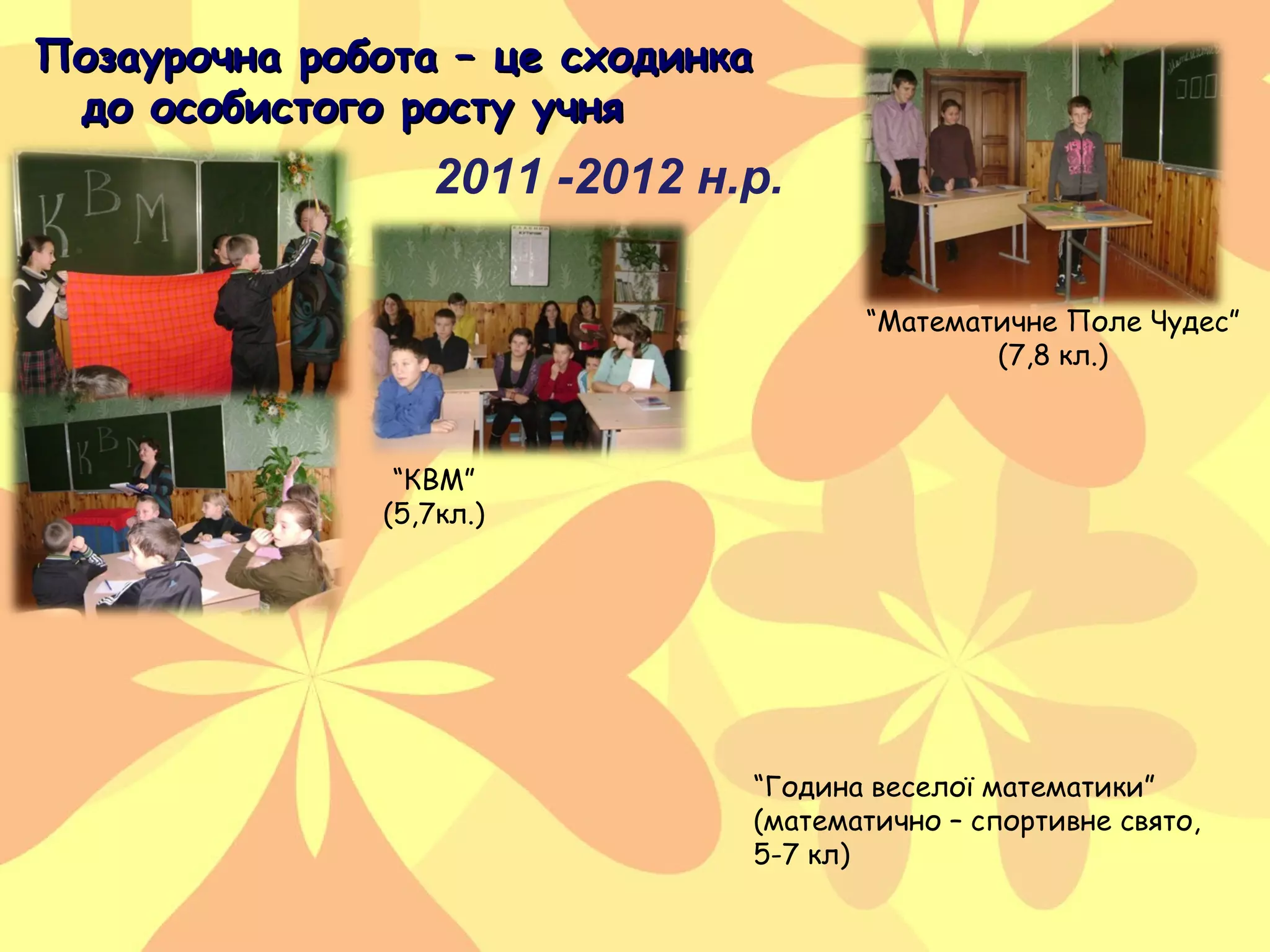 Позаурочна робота – це сходинка
до особистого росту учня

2011 -2012 н.р.
“Математичне Поле Чудес”
(7,8 кл.)

“КВМ”
(5,7кл.)

“Година веселої математики”
(математично – спортивне свято,
5-7 кл)

 