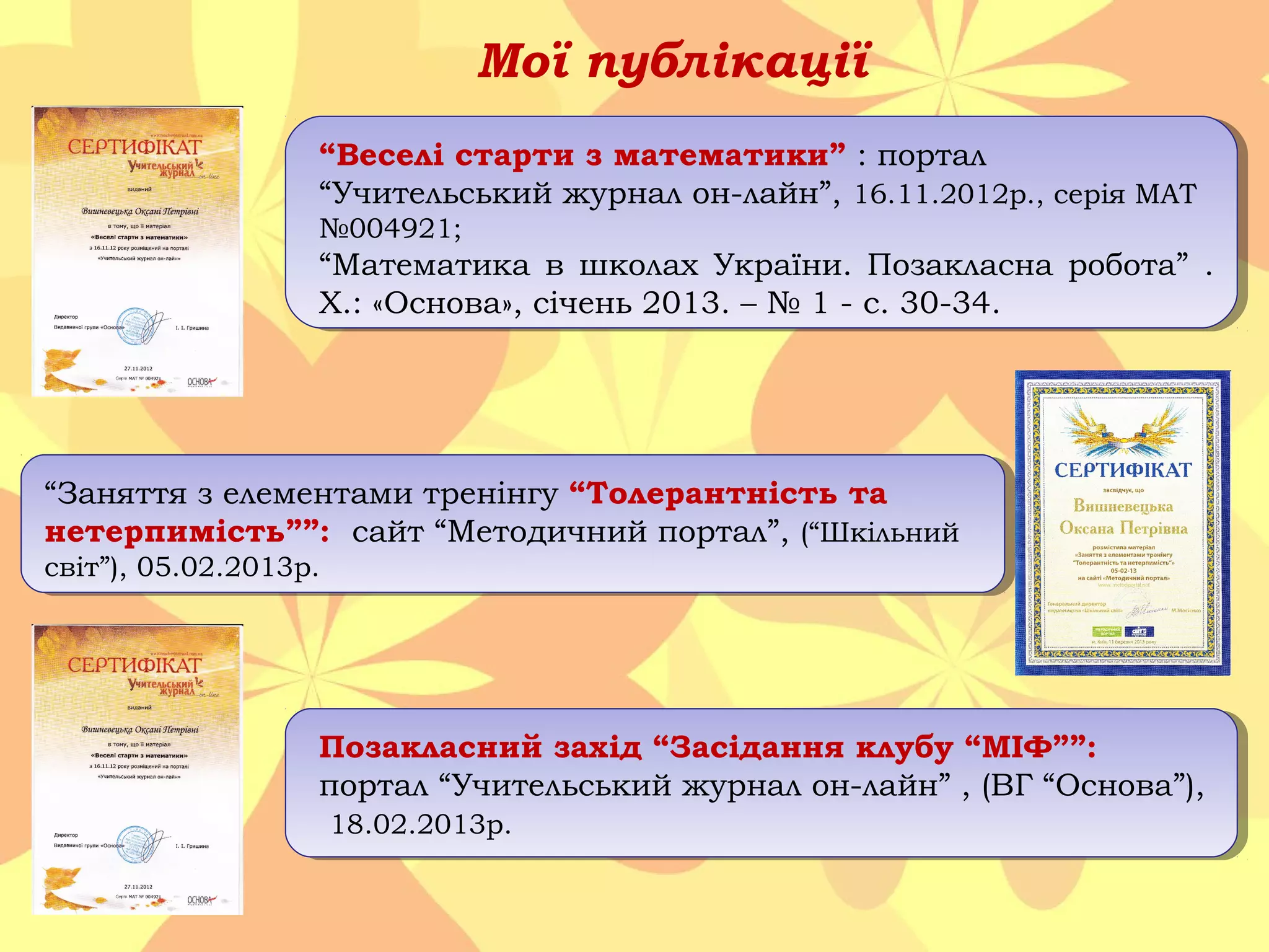 Мої публікації
“Веселі старти з математики” : портал
“Учительський журнал он-лайн”, 16.11.2012р., серія МАТ
№004921;

“Математика в школах України. Позакласна робота” .
Х.: «Основа», січень 2013. – № 1 - с. 30-34.

“Заняття з елементами тренінгу “Толерантність та
нетерпимість””: сайт “Методичний портал”, (“Шкільний
світ”), 05.02.2013р.

Позакласний захід “Засідання клубу “МІФ””:
портал “Учительський журнал он-лайн” , (ВГ “Основа”),
18.02.2013р.

 