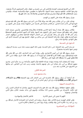 ‫قال ابن القيم: وسمعت الوجبة والتكبير في بني عمرو بن عوف، وكبر المسلمون فرحا بقدومه،‬
‫وخرجوا للقائه، فتلقوه وحيوه بتحية النبوة، فأحدقوا به مطيفين حوله والسكينة تغشاه، والوحي‬
‫ينزل عليه: ) فإن ا هو موله وجبريل وصالح المؤمنين والملئكة بعد ذلك ظهير(.‬
‫ونزل رسول ا بقباء على كلثوم بن الهدم.‬
‫ومكث علي بن أبي طالب رضي ا عنه بمكة ثلثا حتى أدى عن رسول ا صلى ا عليه وسلم‬
‫الودائع التي كانت عنده للناس، ثم هاجر ماشيا على قدميه حتى لحقهما بقباء، ونزل على كلثوم بن‬
‫الهدم.‬
‫وأقام رسول ا بقباء أربعة أيام: الثنين والثلثاء والربعاء والخميس، وأسس مسجد قباء‬
‫وصلى فيه، وهو أول مسجد أسس على التقوى بعد النبوة، ولما كان اليوم الخامس ) يوم الجمعة(‬
‫ركب بأمر ا له، وأبو بكر ردفه، وأرسل إلى بني النجار أخواله فجاءوا متقلدين سيوفهم، فسار‬
‫نحو المدينة وهم حوله، وأدركته الجمعة في بني سالم بن عوف، فجمع بهم في المسجد الذي في‬
‫بطن الوادي، وكانوا مائة رجل.‬
‫الدخول في المدينة:‬
‫ثم سار النبي بعد الجمعة حتى دخل المدينة، ومن ذلك اليوم سميت بلدة يثرب بمدينة الرسول،‬
‫ويعبر عنها بالمدينة مختصرا.‬
‫ونزل رسول ا عند أبي أيوب النصاري، وفي رواية أنس عند البخاري، قال نبي ا صلى ا‬
‫عليه وسلم: ) أي بيوت أهلنا أقرب؟( فقال أبو أيوب: أنا يا رسول ا، هذه داري، وهذا بابي، قال‬
‫) فانطلق فهيئ لنا مقي ل ً( ، قال قوما على بركة ا.‬
‫وبعد أيام وصلت إليه زوجته سودة، وبنتاه فاطمة وأم كلثوم، وأسامة بن زيد، وأم ايمن، وخرج‬
‫معهم عبدا بن أبي بكر بعيال أبي بكر، ومنهم عائشة، وبقيت زينب عند أبي العاص، لم يمكنها‬
‫من الخروج حتى هاجرت بعد بدر.‬
‫المرحلة الولى‬
‫بناء مجتمع جديد‬
‫قد أسلفنا أن نزول رسول ا بالمدينة في بني النجار كان يوم الجمعة )21/ ربيع الول/1 هـ‬
‫الموافق 72/ سبتمبر/ 226 م( وأنه نزل في أرض أمام دار أبي أيوب.‬
‫بناء المسجد النبوي:‬
‫وأول خطوة خطاها رسول ا بعد ذلك هو بناء المسجد النبوي، واختار له المكان الذي بركت‬
‫فيه ناقته، فاشتراه من غلمين يتيمين كانا يملكانه، وأسهم في بنائه بنفسه، فكان ينقل اللبن‬
‫والحجار، ويقول:‬
‫فاغفر للنصار والمهاجرة‬

‫اللهم ل عيش إلى عيش الخرة‬

‫وفي أوائل الهجرة شرع الذان، وقد تشرف برؤيته في المنام أحد الصحابة الخيار عبدا بن‬
‫زيد بن عبد ربه، فأقره النبي وقد وافقت رؤياه رؤيا عمر بن الخطاب فأقره النبي.‬
‫المؤاخاة بين المسلمين:‬
‫11‬

 