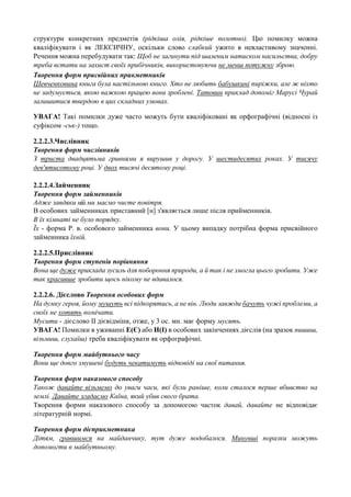 структури конкретних предметів (рідкіша олія, рідкіше полотно). Цю помилку можна
кваліфікувати і як ЛЕКСИЧНУ, оскільки слово слабкий ужито в невластивому значенні.
Речення можна перебудувати так: Щоб не загинути під шаленим натиском насильства, добру
треба встати на захист своїх прибічників, використовуючи не менш потужну зброю.
Творення форм присвійних прикметників
Шевченковина книга була настільною книго. Хто не любить бабушкині пиріжки, але ж ніхто
не задумується, якою важкою працею вони зроблені. Татовин приклад допоміг Марусі Чурай
залишитися твердою в цих складних умовах.
УВАГА! Такі помилки дуже часто можуть бути кваліфіковані як орфографічні (відносні із
суфіксом -ськ-) тощо.
2.2.2.3.Числівник
Творення форм числівників
З триста двадцятьма гривнями я вирушив у дорогу. У шестидесятих роках. У тисячу
дев'ятисотому році. У двох тисячі десятому році.
2.2.2.4.Займенник
Творення форм займенників
Адже завдяки ній ми маємо чисте повітря.
В особових займенниках приставний [н] з'являється лише після прийменників.
В їх кімнаті не було порядку.
Їх - форма Р. в. особового займенника вони. У цьому випадку потрібна форма присвійного
займенника їхній.
2.2.2.5.Прислівник
Творення форм ступенів порівняння
Вона ще дуже приклада зусиль для побороння природи, а й так і не змогла цього зробити. Уже
так красивше зробити щось нікому не вдавалося.
2.2.2.6. Дієслово Творення особових форм
На думку героя, йому мушуть всі підкорятись, а не він. Люди завжди бачуть чужі проблеми, а
своїх не хотять помічати.
Мусити - дієслово ІІ дієвідміни, отже, у 3 ос. мн. має форму мусять.
УВАГА! Помилки в уживанні Е(Є) або И(І) в особових закінченнях дієслів (на зразок пишиш,
візьмиш, слухаїш) треба кваліфікувати як орфографічні.
Творення форм майбутнього часу
Вони ще довго змушені будуть чекатимуть відповіді на свої питання.
Творення форм наказового способу
Також давайте візьмемо до уваги часи, які були раніше, коли сталося перше вбивство на
землі. Давайте згадаємо Каїна, який убив свого брата.
Творення форми наказового способу за допомогою часток давай, давайте не відповідає
літературній нормі.
Творення форм дієприкметника
Дітям, гравшимся на майданчику, тут дуже подобалося. Минувші поразки можуть
допомогти в майбутньому.

 