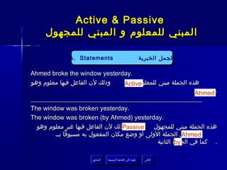 ‫‪Active & Passive‬‬
‫المبني للمعلوم و المبني للمجهول‬
‫الجمل الخبرية‬
‫الجمل الخبرية‬

‫‪A. Statements‬‬
‫‪A. Statements‬‬

‫.‪Ahmed broke the window yesterday‬‬
‫وذلك لن الفاعل فيها معلوم وهو‬
‫هذه الجملة مبني للمعلوم‬
‫‪Active‬‬

‫. ‪Ahmed‬‬
‫______________________________________________________‬
‫.‪The window was broken yesterday‬‬
‫.‪The window was broken (by Ahmed) yesterday‬‬
‫وذلك لن الفاعل فيها غير معلوم وهو‬
‫هذه الجملة مبني للمجهول‬
‫‪Passive‬‬
‫كما في الجملة الولى أو وضع مكان المفعول به مسبوقا بــ‬
‫‪Ahmed‬‬
‫. كما في الجملة الثانية‬
‫‪by‬‬
‫التالي‬
‫التالي‬

‫عودة إلى القائمة الرئيسية‬
‫عودة إلى القائمة الرئيسية‬

‫السابق‬
‫السابق‬

 