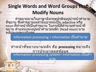 Single Words and Word Groups that
Modify Nouns
คำำขยำยนำมในภำษำอังกฤษปกติจอยูนำำหน้ำคำำนำม
่
ที่ขยำย ซึงคำำขยำยเหล่ำนั้นอำจจะเป็น adjective หรือ
่
noun ที่ทำำหน้ำที่เป็นคำำขยำย ในกรณีที่คำำนำมทำำหน้ำที่
ขยำย ตำำแหน่งจะอยูหน้ำคำำนำมหลัก (head noun) นำม
่
หลักจะอยูขวำมือสุด
่
Information processing = information เป็นคำำนำม

ทำำ หน้ำ ทีข ยำยนำมหลัก คือ processing หมำยถึง
่
กำรประมวลผลข้อ มูล
Information processing system= information เป็นคำำ
นำม

 