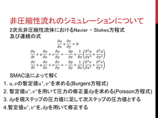 非圧縮性流れのシミュレーションについて
2次元非圧縮性流体におけるNavier – Stokes方程式
及び連続の式
𝜕𝑢
𝜕𝑣
+
=0
𝜕𝑥
𝜕𝑦
𝜕𝑢
𝜕𝑢
𝜕𝑢
𝜕𝑝
1
+ 𝑢
+ 𝑣
=−
+
𝜕𝑡
𝜕𝑥
𝜕𝑦
𝜕𝑥
𝑅𝑒
𝜕𝑣
𝜕𝑣
𝜕𝑣
𝜕𝑝
1
+ 𝑢
+ 𝑣
=−
+
𝜕𝑡
𝜕𝑥
𝜕𝑦
𝜕𝑦
𝑅𝑒

𝜕2 𝑢
+
𝜕𝑥 2
𝜕2 𝑣
+
𝜕𝑥 2

𝜕2 𝑢
𝜕𝑦 2
𝜕2 𝑣
𝜕𝑦 2

SMAC法によって解く
1. 𝑢, 𝑣の暫定値𝑢∗ , 𝑣 ∗を求める(Burgers方程式)
2. 暫定値𝑢∗ , 𝑣 ∗ を用いて圧力の修正量𝛿𝑝を求める(Poisson方程式)
3. 𝛿𝑝を現ステップの圧力値に足して次ステップの圧力値とする
4.暫定値𝑢∗ , 𝑣 ∗ を, 𝛿𝑝を用いて修正する

 