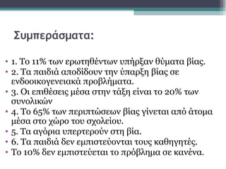 Συμπεράσματα:
• 1. Το 11% των ερωτηθέντων υπήρξαν θύματα βίας.
• 2. Τα παιδιά αποδίδουν την ύπαρξη βίας σε
ενδοοικογενειακά προβλήματα.
• 3. Οι επιθέσεις μέσα στην τάξη είναι το 20% των
συνολικών
• 4. Το 65% των περιπτώσεων βίας γίνεται από άτομα
μέσα στο χώρο του σχολείου.
• 5. Τα αγόρια υπερτερούν στη βία.
• 6. Τα παιδιά δεν εμπιστεύονται τους καθηγητές.
• Το 10% δεν εμπιστεύεται το πρόβλημα σε κανένα.

 