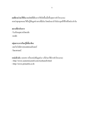 6

ผลทีคาดว่าจะได้ รับ (ผลลัพธ์ที่ตองการให้เกิดขึ้นเมื่อสิ้ นสุ ดการทาโครงงาน)
่
้
คาดว่าทุกทุกคนจะได้รับรู ้ขอมูลข่าวสารที่มีประโยชน์และนาไปประยุกต์ใช้ในชีวตประจาวัน
้
ิ
สถานทีดาเนินการ
่
-โรงเรี ยนยุพราชวิทยาลัย
-หอพัก
กลุ่มสาระการเรียนรู้ ที่เกียวข้ อง
่
-เทคโนโลยีสารสนเทศคอมพิวเตอร์
-วิทยาศาสตร์
แหล่งอ้างอิง (เอกสาร หรื อแหล่งข้อมูลต่าง ๆ ที่นามาใช้การทาโครงงาน)
- http://www.easternricemill.com/ricebenefit.html

- http://www.primalife.co.th

 