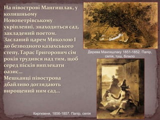 На півострові Мангишлак, у
колишньому
Новопетрівському
укріпленні, знаходиться сад,
закладений поетом.
Засланий царем Миколою І
до безводного казахського
степу, Тарас Григорович сім
років трудився над тим, щоб
серед пісків виплекати
оазис…
Мешканці півострова
дбайливо доглядають
вирощений ним сад…

Дерева Мангишлаку 1851-1852. Папір,
сепія, туш, білило

Киргизеня, 1856-1857. Папір, сепія

 