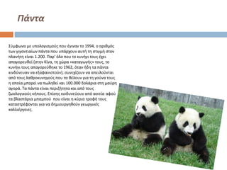 Πάντα
Σύμφωνα με υπολογισμούς που έγιναν το 1994, ο αριθμός
των γιγαντιαίων πάντα που υπάρχουν αυτή τη στιγμή στον
πλανήτη είναι 1.200. Παρ' όλο που το κυνήγι τους έχει
απαγορευθεί (στην Κίνα, τη χώρα «καταγωγής» τους, το
κυνήγι τους απαγορεύθηκε το 1962, όταν ήδη τα πάντα
κινδύνευαν να εξαφανιστούν), συνεχίζουν να απειλούνται
από τους λαθροκυνηγούς που τα θέλουν για τη γούνα τους
η οποία μπορεί να πωληθεί και 100.000 δολάρια στη μαύρη
αγορά. Τα πάντα είναι περιζήτητα και από τους
ζωολογικούς κήπους. Επίσης κινδυνεύουν από ασιτία αφού
τα βλαστάρια μπαμπού που είναι η κύρια τροφή τους
καταστρέφονται για να δημιουργηθούν γεωργικές
καλλιέργειες.

 