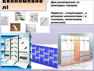 Економпане
лі

•

Для розміщення та
викладки товарів;

•

Підвісні , стаціонарні , з
різними елементами : з
гачками, поличками,
штангами

 