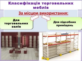Класифікація торговельних
меблів

За місцем використання:
Для
Для
торговельних
торговельних
залів
залів

Для підсобних
Для підсобних
приміщень
приміщень

 