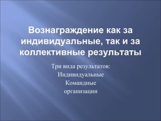 Вознаграждение как за
индивидуальные, так и за
коллективные результаты
Три вида результатов:
Индивидуальные
Командные
организации

 