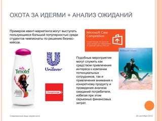 ОХОТА ЗА ИДЕЯМИ + АНАЛИЗ ОЖИДАНИЙ
Примером ивент-маркетинга могут выступать
пользующиеся большой популярностью среди
студентов чемпионаты по решению бизнескейсов.

Подобные мероприятия
могут служить как
средством привлечения
интереса к компании
потенциальных
сотрудников, так и
привлечения внимания к
конкретному продукту и
проведения анализа
ожиданий потребителя,
избегая при этом
серьезных финансовых
затрат.

Современные виды маркетинга

25 сентября 2012

 