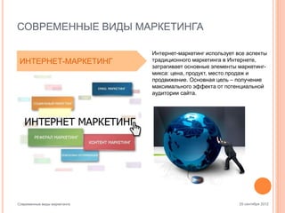 СОВРЕМЕННЫЕ ВИДЫ МАРКЕТИНГА
ИНТЕРНЕТ-МАРКЕТИНГ

Современные виды маркетинга

Интернет-маркетинг использует все аспекты
традиционного маркетинга в Интернете,
затрагивает основные элементы маркетингмикса: цена, продукт, место продаж и
продвижение. Основная цель – получение
максимального эффекта от потенциальной
аудитории сайта.

25 сентября 2012

 