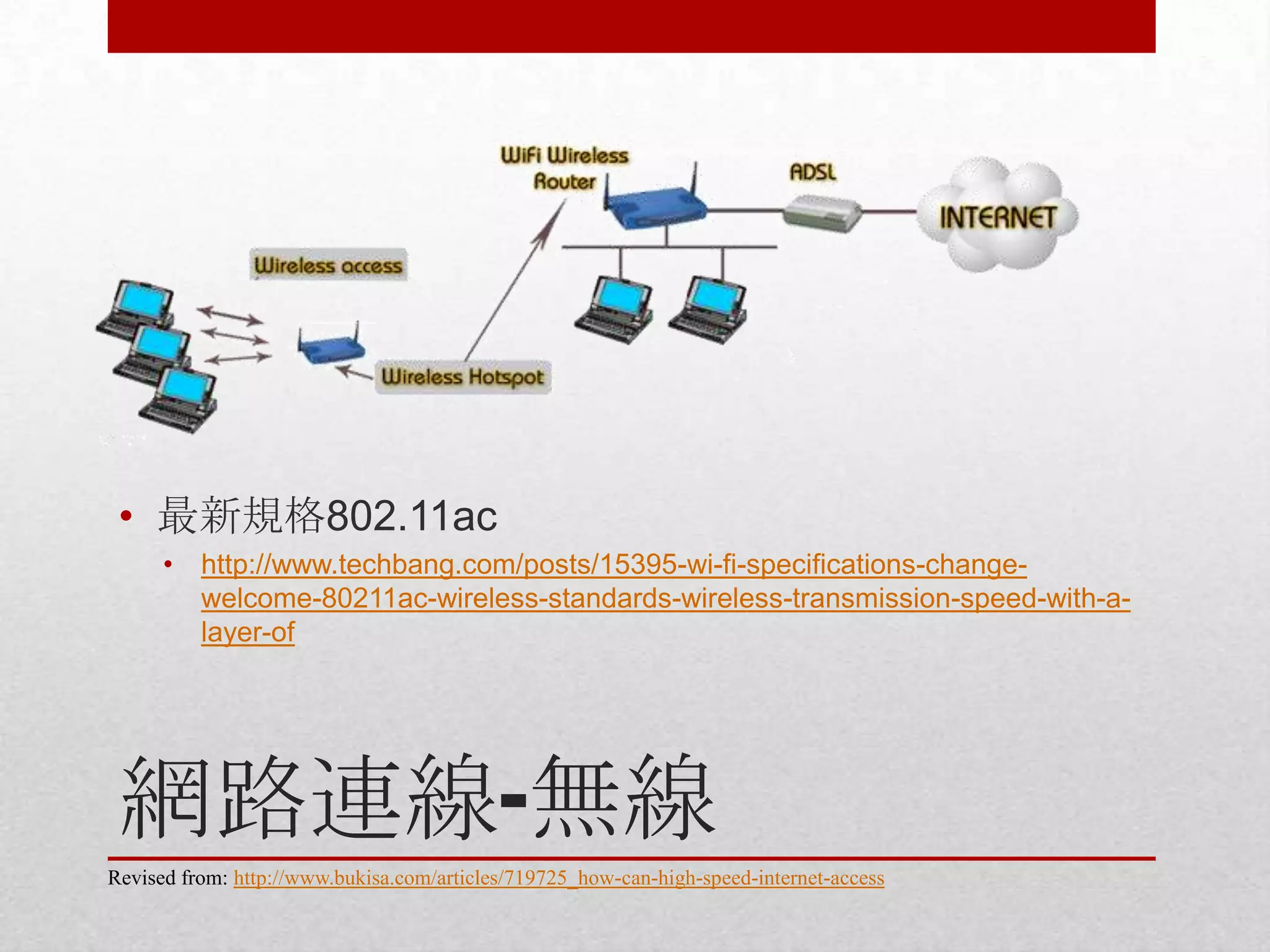 • 最新規格802.11ac
•

http://www.techbang.com/posts/15395-wi-fi-specifications-changewelcome-80211ac-wireless-standards-wireless-transmission-speed-with-alayer-of

網路連線-無線
Revised from: http://www.bukisa.com/articles/719725_how-can-high-speed-internet-access

 
