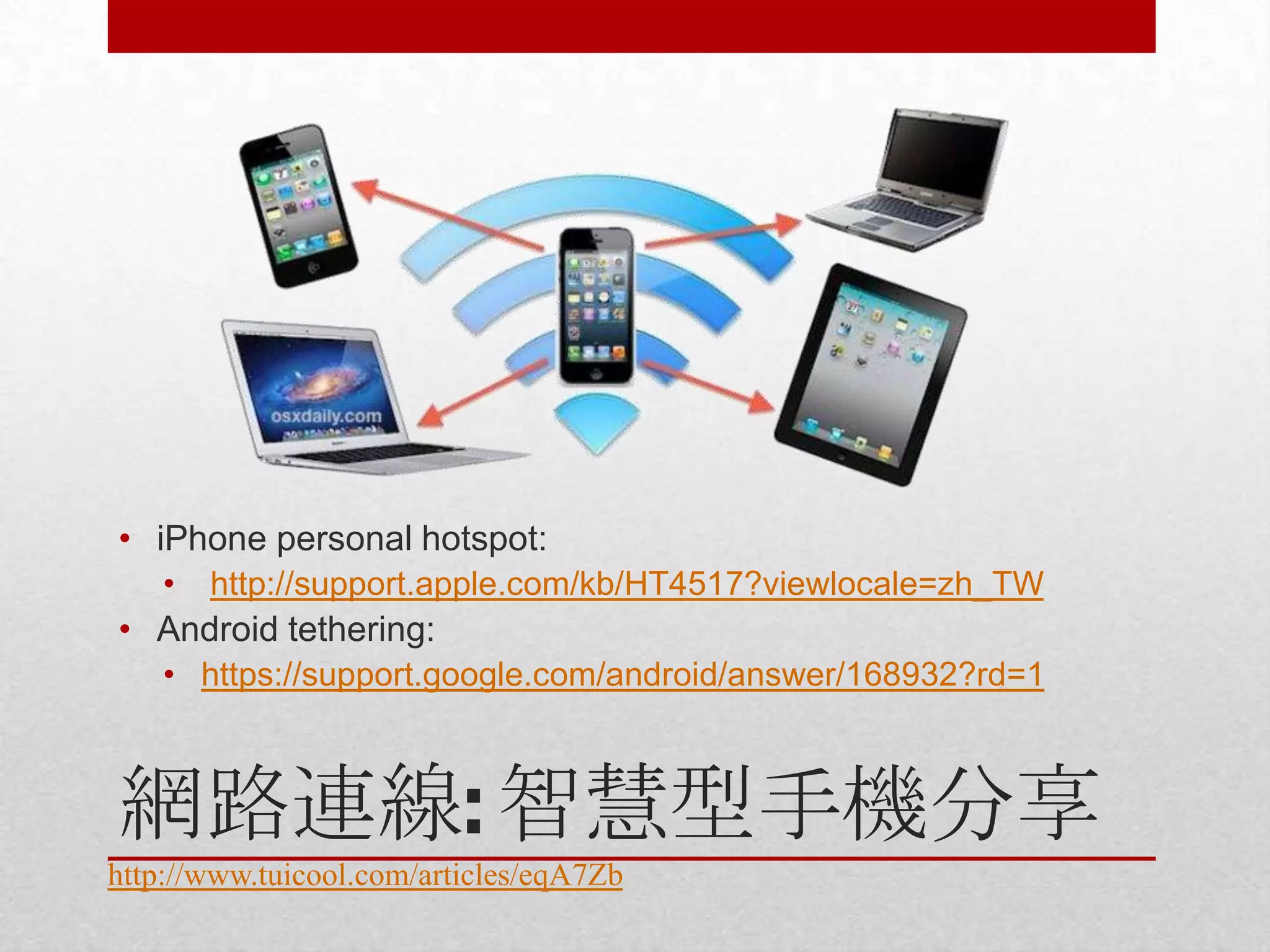 • iPhone personal hotspot:
•

http://support.apple.com/kb/HT4517?viewlocale=zh_TW

• Android tethering:
• https://support.google.com/android/answer/168932?rd=1

網路連線: 智慧型手機分享
http://www.tuicool.com/articles/eqA7Zb

 