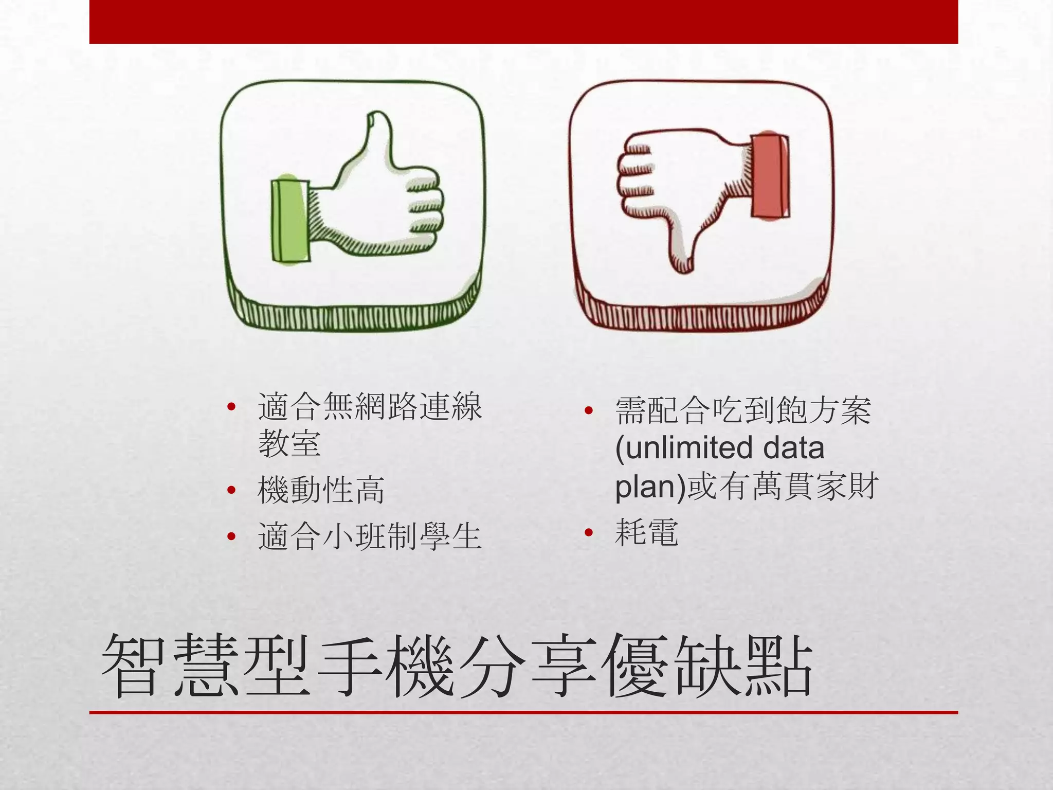• 適合無網路連線
教室
• 機動性高
• 適合小班制學生

• 需配合吃到飽方案
(unlimited data
plan)或有萬貫家財
• 耗電

智慧型手機分享優缺點

 