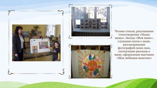 Чтение стихов, разучивание
стихотворения «Наши
мамы», беседа «Моя мама»,
слушание песен о маме,
рассматривание
фотографий своих мам,
составление рассказа о
маме, оформление выставки
«Моя любимая мамочка»

 
