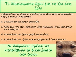 Τι δικαιώματα έχει για να ζει ένα
ζώο
1. Δικαιούνται να έχουν ένα σπίτι για να ζουν και για να παίζουν

μαζί με τους 2. ανθρώπους.

2. Δικαιούνται να έχουν φροντίδα.
3. Κάθε ζώο που έχει αφεντικό έχει δικαίωμα να ζει όσα χρόνια
του αναλογούν .
4. Δικαιούνται να έχουν τροφή για να ζουν .
5. Δικαιούνται να έχουν μια συντρόφια από έναν άνθρωπο .

Οι άνθρωποι πρέπει να
καταλάβουν τα δικαιώματα
των ζωών

 