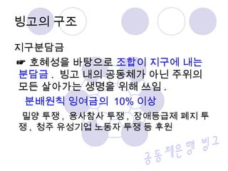 빙고의 구조
지구분담금
☞ 호혜성을 바탕으로 조합이 지구에 내는
분담금 . 빙고 내의 공동체가 아닌 주위의
모든 살아가는 생명을 위해 쓰임 .
분배원칙 잉여금의 10% 이상
밀양 투쟁 , 용사참사 투쟁 , 장애등급제 폐지 투
쟁 , 청주 유성기업 노동자 투쟁 등 후원
 