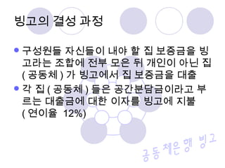 구성원들 자신들이 내야 할 집 보증금을 빙
고라는 조합에 전부 모은 뒤 개인이 아닌 집
( 공동체 ) 가 빙고에서 집 보증금을 대출
각 집 ( 공동체 ) 들은 공간분담금이라고 부
르는 대출금에 대한 이자를 빙고에 지불
( 연이율 12%)
빙고의 결성 과정
 