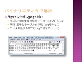  目grepした感じjpegっぽい




ただしFFD8(jpegの開始マーカー)はついてない
FFDB(量子化テーブル)以降はjpegそのもの
データの最後もFFD9(jpegの終了マーカー)

 
