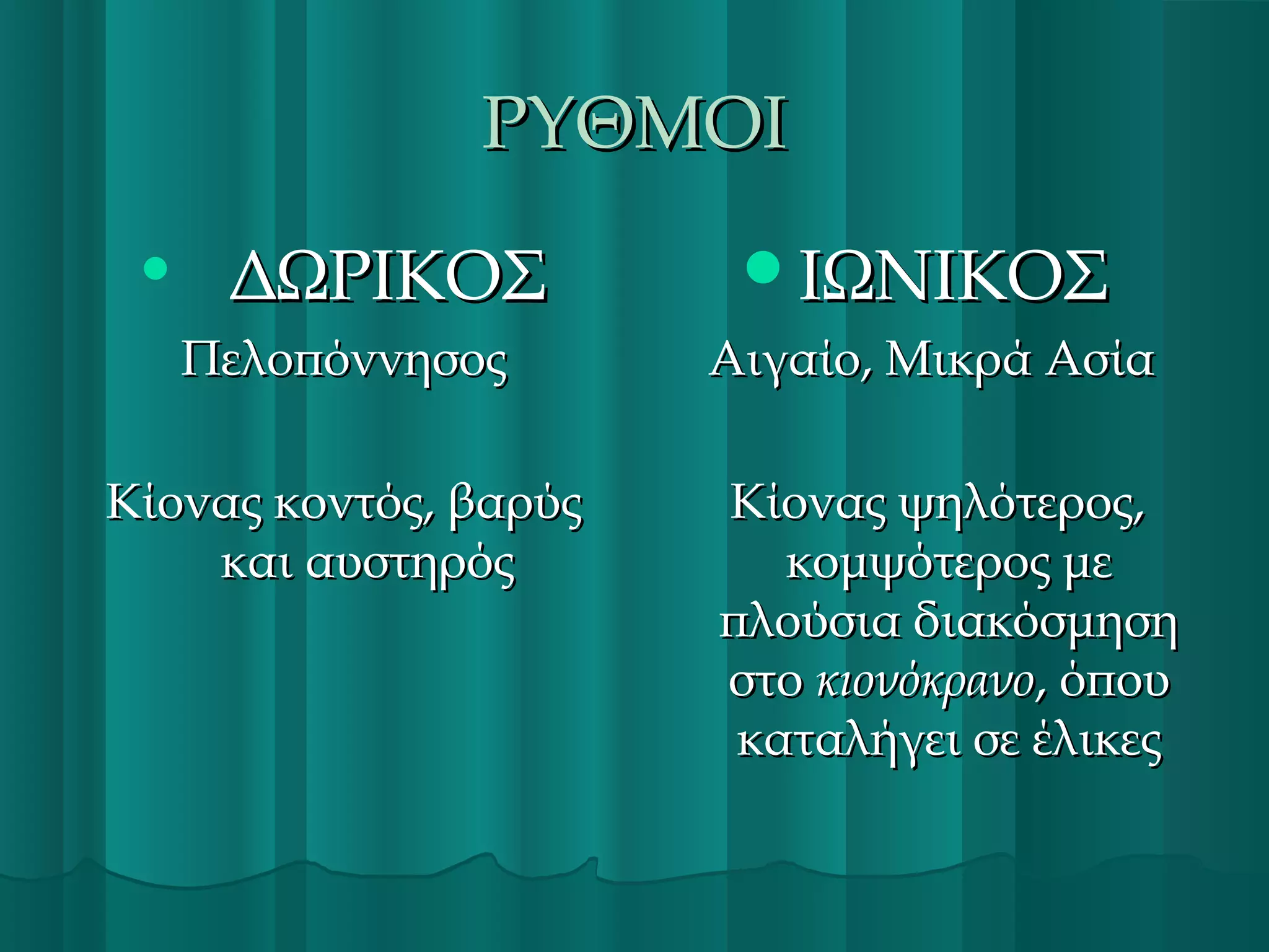 ΡΥΘΜΟΙ


ΔΩΡΙΚΟΣ
Πελοπόννησος

Κίονας κοντός, βαρύς
και αυστηρός

ΙΩΝΙΚΟΣ
Αιγαίο, Μικρά Ασία
Κίονας ψηλότερος,
κομψότερος με
πλούσια διακόσμηση
στο κιονόκρανο, όπου
καταλήγει σε έλικες

 