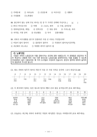 ① 주택문제
⑥ 가정불화
B8.

② 자녀교육
⑦노후불안

③ 건강문제

④ 여가시간

⑤ 생활비

출근하지 않는 날에 주로 하시는 일 중 두 가지만 선택해 주십시오

(

),(

)

① 나 비디오시청 ② 여행 ③ 스포츠 레저 ④ 극장 공연감상
⑤ 컴퓨터 인터넷 게임 ⑥ 친목모임 ⑦ 잠을 잔다 ⑧ 가사노동 육아
⑨ 자격증 시험 준비 ⑩ 종교활동 ⑪ 독서 ⑫봉사활동
TV

,

(

,

,

)

,

,

B9.

귀하가 여가생활을 즐기지 못한다면 가장 큰 이유는 무엇입니까?

① 비용이 많이 들어서 ② 집안일이 많아서 ③ 직장일이 많아서 시간부족
④ 피곤해서 쉬느라고 ⑤ 특별한 취미가 없어서 넵
(

)

C. 노동강도
다음은 귀하의 노동강도와 이를 강화시키는 요인에 관한 내용입니다. 이 문항들은 응답자의 직
무 특성이나 경험에 따라 서로 다른 방식으로 노동강도를 표현하더라도 이를 포괄할 수 있도록
국내외에서 널리 사용되어온 몇 가지 도구들로 구성되어 있습니다. 본인의 업무에 대하여 솔직하
게 응답하여 주시면 됩니다.

C1.

평소 귀하의 업무가 얼마나 힘든지 다음 중 가장 가까운 숫자에
6
아주
편함

C2.

8

9

약함

10
중간
정도

11

12

13

약간
힘듦

14

15

힘듦

.168

16

17

많이
힘듦

불규칙적
움직임;
손, 팔
대부분이
쉬고 있다

1
○

2
○
매우 느린
움직임;
도중에
멈춤이
많다

3
○

4
○

5
○

느리고
꾸준한
움직임;
자주 멈춘다

6
○
꾸준한
움직임;
경우에 따라
멈춤이 있다

19

7
○

20
최대
로
힘듦

표 해주세요)

(V

8
○

9
○

빠르고
꾸준한
움직임;
멈춤이
거의 없다

오늘(또는 최근에) 귀하의 육체적인 작업의 세기(힘든 정도)는 어떠합니까?

- 103 -

18

매우
힘듦

이 회사에서 일하는 동안 평소에 얼마나 빨리 손과 팔을 움직입니까?

0
○

C3.

7

○표시 하십시오

10
○
꾸준히 빠른
움직임;
속도를
맞추기
어렵다

표 해주세요)

(V

 
