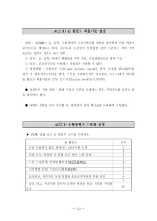 ACGIH

손 활동도 허용기준 설명

개발 : ACGIH는 손, 손목, 전완에서의 근골격계질환 위험을 평가하기 위한 허용기
준(TLV)을 제시하고 있다. 우리나라 노동부의 산업안전 관련 기준치는 거의 전부
ACGIH TLV를 기초로 하고 있다.
○ 장점 : 손, 손목, 어깨의 위험도를 파악 가능. 작업관찰만으로 평가 가능
○ 단점 : 진동공구등을 사용하는 작업장은 적용할 수 없다.
○ 평가방법 : 손활동량 수준(Hand Activity Level)을 평가, 손작업 강도(NPF)를
평가 후 허용기준(TLV)을 판단, 기준을 초과하는지를 비교한다. ACGIH에서 제시한
손 활동도 허용기준은 0.78, 감시기준(action level)은 0.56이다.

● 실천단의 적용 방법 : 해당 작업이 기준을 초과하는 경우, 작업속도를 낮추고 힘
을 낮추어야 한다.

● 아래의 설명을 먼저 숙지한 후, 현장에서 뒤의 체크표를 이용하여 기록한다.

ACGIH

손활동평가 기준표 설명

▶ 1단계. 표를 보고 손 활동도 점수를 구하세요.
손 활동도
손을 사용하지 않은 최대시간 /불규칙한 노력
일관 되고, 확실한 긴 단절 또는 매우 느린 동작
느린 지속동작/ 빈번한,짧은단절(서두름없다)
지속적인 동작/ 드문단절(서두름있다)
급속하고, 지속적인 동작/격심한 운동규칙적이지 못한 단절
급속 하고, 지속적인 동작/지속적인 어려움 또는 지속된 격심한
운동

- 123 -

점수
0
1
2
3
4
5
6
7
8
9
10

 