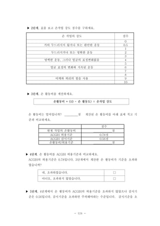▶ 2단계. 표를 보고 손작업 강도 점수를 구하세요.
손 작업의 강도

점수
0
0.5
1
2
3
4
5
6
7
8
9
10

거의 두드러지지 않거나 또는 완만한 운동
두드러지거나 또는 명확한 운동
명백한 운동, 그러나 얼굴의 표정변화없음
얼굴 표정의 변화와 지속된 운동

어깨와 허리의 힘을 사용

▶ 3단계. 손 활동비를 계산하세요.
손활동비 = (10 - 손 활동도) ÷ 손작업 강도

손 활동비는 얼마입니까?

점

계산된 손 활동비를 아래 표에 적고 기

준과 비교하세요.
점수
현재 작업의 손활동비
ACGIH 허용기준
ACGIH 감시기준
손활동비/허용기준

점
0.78점
0.56점
점

▶ 4단계. 손 활동비를 ACGIH 허용기준과 비교하세요.
ACGIH의 허용기준은 0.78입니다. 3단계에서 계산한 손 활동비가 기준을 초과하
였습니까?
네, 초과하였습니다.

□

아니오, 초과하지 않았습니다.

□

▶ 5단계. 4단계에서 손 활동비가 ACGIH의 허용기준을 초과하지 않았으나 감시기
준은 0.56입니다. 감시기준을 초과하면 주의해야하는 수준입니다.

- 124 -

감시기준을 초

 