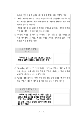 로자가 어쩔 수 없이 그러한 자세를 취할 수밖에 없는 경우”를 말함
○ “목이나 허리의 굽힘”은 “특별한 사정이 없는 한 수직상태를 기준으로 목
이나 허리를 전방으로 20도 이상 구부리거나 허리를 후방으로 20도 이상
제치는 경우”를 의미하며
- 무릎을 바닥에 댄 상태에서 허리를 전방으로 굽히거나 바닥에 앞으로
누워있는 경우는 허리의 굽힘으로 보지 않음
○ “목이나 허리를 튼 상태”는 “특별한 사정이 없는 한 목은 어깨를 고
정한 상태에서 5도 이상, 허리는 다리를 고정한 상태에서 20도 이상
좌우로 비튼 상태”를 말함

◈ 근골격계부담작업
제5호
하루에 총 2시간 이상 쪼그리고 앉거나
무릎을 굽힌 자세에서 이루어지는 작업

○ “쪼그리고 앉는 것”은 “수직상태를 기준으로 무릎이 발끝 보다 앞
으로 나오는 자세 이상으로 무릎을 구부린 상태에서 발이 체중의
대부분을 지탱하고 있는 상태”를 말함
○ “무릎을 굽힌 자세”는 “바닥 면에 한쪽 또는 양쪽 무릎을 댄 상태에서
해당 무릎이 체중의 대부분을 지탱하고 있는 자세”를 의미함

◈ 근골격계부담작업
제6호
하루에 총 2시간 이상 지지되지 않은 상
태에서 1kg 이상의 물건을 한손의 손가락
으로 집어 옮기거나, 2kg 이상에 상응하
는 힘을 가하여 한손의 손가락으로 물건
을 쥐는 작업

- 21 -

 