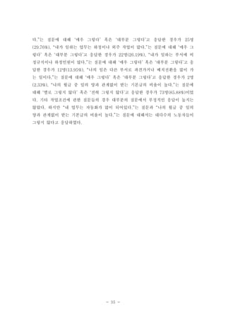 다.”는 질문에 대해 ‘매우 그렇다’ 혹은 ‘대부분 그렇다’고 응답한 경우가 25명
(29.76%), “내가 일하는 업무는 하청이나 외주 작업이 많다.”는 질문에 대해 ‘매우 그
렇다’ 혹은 ‘대부분 그렇다’고 응답한 경우가 22명(26.19%), “내가 일하는 부서에 비
정규직이나 하청인원이 많다.”는 질문에 대해 ‘매우 그렇다’ 혹은 ‘대부분 그렇다’고 응
답한 경우가 12명(13.95%), “나의 일은 다른 부서로 파견가거나 배치전환을 많이 가
는 일이다.”는 질문에 대해 ‘매우 그렇다’ 혹은 ‘대부분 그렇다’고 응답한 경우가 2명
(2.33%), “나의 월급 중 일의 양과 관계없이 받는 기본급의 비율이 높다.”는 질문에
대해 ‘별로 그렇지 않다’ 혹은 ‘전혀 그렇지 않다’고 응답한 경우가 73명(85.88%)이었
다. 기타 작업조건에 관한 질문들의 경우 대부분의 질문에서 부정적인 응답이 높지는
않았다. 하지만 “내 업무는 자동화가 많이 되어있다.”는 질문과 “나의 월급 중 일의
양과 관계없이 받는 기본급의 비율이 높다.”는 질문에 대해서는 대다수의 노동자들이
그렇지 않다고 응답하였다.

- 35 -

 