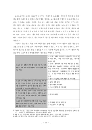 고용노동부의 고시는 2003년 당시부터 현재까지 노동계를 비롯하여 학계와 전문가
집단에서 지나치게 근골격계 부담작업을 엄격화, 보수화하여 작업장의 유해․위험요인을
간과, 누락하고 있다는 비판을 받고 있는 대상이다. 이와 관련한 일부의 연구에서는
인간공학적 평가기준과 비교해 실제 생산 현장의 위험 요인의 1/3조차도 반영하지 못
하고 있으며, 반영되는 일부분도 정형작업의 형태에 국한되어 있어 비정형 작업에 대
한 위험성과 11개 작업 이의의 작업에 대한 위험성을 간과하고 있다고 평가한 바 있
다. 특히 노동부 고시는 작업자세, 중량물 무게 측면에서 부담이 매우 높은 작업일지
라도 노출시간이나 빈도가 설정기준보다 작다면 평가대상 작업을 비부담작업으로 평
가한다.4)
그럼에도 불구하고, 이번 유해요인조사를 통해 확인된 코스파 현장의 많은 작업들은
고용노동부가 고시한 11개 부담작업에 해당하고 있다. 이는 지나치게 엄격하고, 보수
화되어 있다는 평가를 받는 고용노동부 고시 기준에 해당할 정도로 코스파 현장의 인
간공학적 근골격계 유해위험요인이 상당함을 의미하는 것이다.
○ 성형:

성형품 대차적재, G-SUV쿠션 지그 삽입

후 대차 적재,

쿠션 wise Insert 삽입,

QF쿠션

와이어 삽입
[노동부 고시 2호] 하루에 총 2시간 이상 목, 어깨,
팔꿈치, 손목 또는 손을 사용하여 같은 동작을 반복
하는 작업

○ 출하 - 썬바이저 사상 작업, 제품검사 및 포장,
삼각대 포장, Gsuv쿠션 지그분리, 사상작업, 범퍼
제품 스티커 부착,

DoR-PAD 제품에 클립삽입과

조립, T/B오염제거, 적재제품의 먼지, 오염, 얼굴제
거,

TF 쿠션 부직포 부착, XM콘솔 제품 부직포

부착
○ 발포 - bag포장, 비즈 배율측정, 비즈선별
[노동부 고시 3호] 하루에 총 2시간 이상 머리 위
에 손이 있거나, 팔꿈치가 어깨 위에 있거나, 팔꿈
치를 몸통으로부터 들거나, 팔꿈치를 몸통 뒤쪽에
위치하도록 한 상태에서 이루어지는 작업

○ 금형- 금형 교체
○ 원료교환시 호퍼청소
○ 비즈 선별작업 및 배율측정

[노동부 고시 4호] 지지되지 않은 상태이거나 임의
로 자세를 바꿀 수 없는 조건에서, 하루에 총 2시
간 이상 목이나 허리를 구부리거나 트는 상태에서

○ 금형 분해조립

이루어지는 작업
[노동부 고시 9호]하루에 25회 이상 10kg 이상의
물체를 무릎 아래에서 들거나, 어깨 위에서 들거나,
팔을 뻗은 상태에서 드는 작업

○ 착색제와 첨가제, 레진투입
○ 수동믹서기 레진백 투입

4) 박국무 외 3인, [인간공학적 작업부하 평가방법을 이용한 근골격계 부담작업 판정기준의 정확성 평
가], Journal of the Ergonomics Society of Korea, 2006
김철홍 외 4인, [근골격계 부담작업 고시의 적절성에 대한 평가], 인천대학교 산업공학과
김철홍, [근골격계부담 작업 관련 노동부 고시에 관한 연구], 인천대학교 산업공학과

- 52 -

 