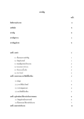 สารบัญ
หน้ า
กิตติกรรมประกาศ

ก

บทคัดย่อ

ข

สารบัญ

ค

สารบัญตาราง

ง

สารบัญรู ปภาพ

ช

บทที่ 1 บทนา

1

1.1 ที่มาและความสาคัญ
1.2 วัตถุประสงค์
1.3 สมมติฐานของโครงงาน
1.4 ขอบเขตการทางาน
1.5 ข้อตกลงเบื้องต้น
1.6 ประโยชน์
บทที่ 2 เอกสารและงานวิจัยทีเ่ กียวข้ อง
่

1
1
2
2
2
2
3

2.1 มังคุด

3

2.1.2 การใช้ประโยชน์

4

2.1.3 สรรพคุณทางยา

4

2.2 งานวิจยที่เกี่ยวข้อง
ั

5

บทที่ 3 อุปกรณ์ และวิธีการดาเนินการทดลอง
3.1 วัสดุอุปกรณ์และสารเคมี
3.2 ขั้นตอนและวิธีการดาเนินงาน
บทที่ 4 ผลการดาเนินงาน

6
6
7
11

 