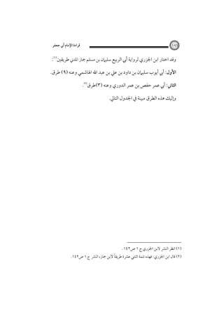‫٦٩١‬

‫ﻗﺮاءة اﻹﻣﺎم أﰊ ﺟﻌﻔﺮ‬

‫وﻗﺪ اﺧﺘﺎر اﺑﻦ اﳉﺰري ﻟﺮواﻳﺔ أﰊ اﻟﺮﺑﻴﻊ ﺳﻠﻴﲈن ﺑﻦ ﻣﺴﻠﻢ ﲨﺎز اﳌﺪﲏ ﻃﺮﻳﻘﲔ‪:‬‬
‫اﻷول: أﰊ أﻳﻮب ﺳﻠﻴﲈن ﺑﻦ داود ﺑﻦ ﻋﲇ ﺑﻦ ﻋﺒﺪ اﷲ اﳍﺎﺷﻤﻲ وﻋﻨﻪ )٩( ﻃﺮق.‬
‫اﻟﺜﺎﲏ: أﰊ ﻋﻤﺮ ﺣﻔﺺ ﺑﻦ ﻋﻤﺮ اﻟﺪوري وﻋﻨﻪ )٣(ﻃﺮق‪.‬‬
‫وإﻟﻴﻚ ﻫﺬه اﻟﻄﺮق ﻣﺒﻴﻨﺔ ﰲ اﳉﺪول اﻟﺘﺎﱄ.‬

‫)١( اﻧﻈﺮ اﻟﻨﴩ ﻻﺑﻦ اﳉﺰري ج ١ ص٢٤١.‬

‫ً‬
‫)٢( ﻗﺎل اﺑﻦ اﳉﺰري: ﻓﻬﺬه ﺗﺘﻤﺔ اﺛﻨﺘﻲ ﻋﴩة ﻃﺮﻳﻘﺎ ﻻﺑﻦ ﲨﺎز، اﻟﻨﴩ ج ١ ص٢٤١.‬

 