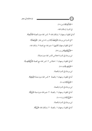 ‫٤٠٢‬

‫ﻗﺮاءة اﻹﻣﺎم أﰊ ﺟﻌﻔﺮ‬

‫• ﴿‪]﴾‬اﻟﻨﻤﻞ:٨٢[.‬
‫ﰲ اﻟﺪرة: إﺳﻜﺎن اﳍﺎء.‬
‫أﻣﺎ ﰲ اﻟﻄﻴﺒﺔ: وﺟﻬﺎن:١.إﺳﻜﺎن اﳍﺎء ٢. ﻛﴪ اﳍﺎء دون اﻟﺼﻠﺔ ﴿‪.﴾‬‬
‫• ﰲ اﻟﺪرة اﺑﻦ وردان:﴿‪]﴾ ‬اﻟﺰﻣﺮ:٧[، اﺑﻦ ﲨﺎز :﴿‪.﴾ ‬‬
‫أﻣﺎ ﰲ اﻟﻄﻴﺒﺔ وﺟﻬﺎن ﻟﻜﻠﻴﻬﲈ:١.ﺿﻢ اﳍﺎء ﻣﻊ اﻟﺼﻠﺔ ٢. إﺳﻜﺎن اﳍﺎء.‬
‫• ﴿‪]﴾‬ﻳﻮﺳﻒ:٧٣[.‬
‫اﺑﻦ وردان ﰲ اﻟﺪرة:اﺧﺘﻼس )ﻛﴪ اﳍﺎء دون ﺻﻠﺔ(.‬
‫أﻣﺎ ﰲ اﻟﻄﻴﺒﺔ: وﺟﻬﺎن:١. اﺧﺘﻼس ٢. ﻛﴪ اﳍﺎء ﻣﻊ اﻟﺼﻠﺔ ﴿‪.﴾‬‬
‫• ﴿‪]﴾‬ﻃﻪ:٥٧[.‬
‫اﺑﻦ وردان ﰲ اﻟﺪرة:ﺑﺎﻟﺼﻠﺔ.‬
‫أﻣﺎ ﰲ اﻟﻄﻴﺒﺔ: وﺟﻬﺎن:١.ﺑﺎﻟﺼﻠﺔ ٢.ﻛﴪ اﳍﺎء دون ﺻﻠﺔ ﴿‪.﴾‬‬
‫• ﴿‪]﴾‬اﻟﺒﻠﺪ:٧[.‬
‫اﺑﻦ وردان ﰲ اﻟﺪرة:ﺑﺎﻟﺼﻠﺔ.‬
‫أﻣﺎ ﰲ اﻟﻄﻴﺒﺔ: وﺟﻬﺎن:١. ﺑﺎﻟﺼﻠﺔ ٢. ﺿﻢ اﳍﺎء دون ﺻﻠﺔ ﴿‪.﴾‬‬
‫• ﴿‪]﴾‬اﻟﺰﻟﺰﻟﺔ:٧+ ٨[.‬
‫اﺑﻦ وردان ﰲ اﻟﺪرة:ﺑﺎﻟﺼﻠﺔ.‬
‫أﻣﺎ ﰲ اﻟﻄﻴﺒﺔ: وﺟﻬﺎن:١. ﺑﺎﻟﺼﻠﺔ ٢. إﺳﻜﺎن اﳍﺎء ﴿‪.﴾‬‬

 