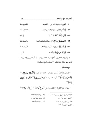 ‫أﺣﺴﻦ اﻟﺒﻴﺎن ﴍح ﻃﺮق اﻟﻄﻴﺒﺔ‬

‫٧٨‬

‫٠١- ﴿‪ :﴾‬وﺟﻬﺎن اﻟﱰﻗﻴﻖ و اﻟﺘﻔﺨﻴﻢ‬

‫اﻟﺘﻔﺨﻴﻢ ﻓﻘﻂ‬

‫١١- ﴿‪ :﴾‬وﺟﻬﺎن اﻹﺛﺒﺎت واﳊﺬف‬

‫اﳊﺬف ﻓﻘﻂ‬

‫٢١- ﴿‪ :﴾  ‬اﻟﺴﻜﺖ‬

‫إدراج‬

‫٣١- ﴿‪ :﴾ ‬وﺟﻬﺎن ﺑﺎﻟﺼﺎد واﻟﺴﲔ‬

‫ﺑﺎﻟﺼﺎد ﻓﻘﻂ‬

‫٤١- ﴿‪ :﴾‬وﺟﻬﺎن اﻹﺛﺒﺎت واﳊﺬف‬

‫اﻹﺛﺒﺎت ﻓﻘﻂ‬

‫٥١- ﴿‪ :﴾ ‬ﺑﺎﻟﺼﺎد‬

‫ﺑﺎﻟﺴﲔ‬

‫•‪‬وﻳﺘﻤﻴﺰ ﻫﺬا اﻟﻄﺮﻳﻖ ﺑﺄﻧﻪ إذا وﻗﻊ ﺑﻌﺪ اﻟﻨﻮن اﻟﺴﺎﻛﻨﺔ أو اﻟﺘﻨﻮﻳﻦ )ﻻم أو راء(‬

‫ﺗﺪﻏﻢ ﻓﻴﻬﺎ إدﻏﺎم ﺑﻐﻨﺔ ﻧﺎﻗﺺ‪ ‬وﻣﻘﺪار اﻟﻐﻨﺔ ﺣﺮﻛﺘﺎن:‬
‫ﻣﻊ ﻣﻼﺣﻈﺔ:‬

‫• ﺗﻔﺨﻴﻢ اﻟﻐﻨﺔ إذا وﻗﻌﺖ ﻗﺒـﻞ اﻟـﺮاء اﳌﻔﺘﻮﺣـﺔ ﻣﺜـﻞ ﴿‪﴾  ‬‬
‫﴿‪ .﴾   ‬أو اﳌــﻀﻤﻮﻣﺔ‬

‫‪‬‬

‫ﻣﺜــﻞ ﴿‪  ﴿ ﴾ ‬‬

‫‪﴾‬‬
‫• وﺗﺮﻗﻖ اﻟﻐﻨﺔ ﻗﺒﻞ اﻟﺮاء اﳌﻜﺴﻮرة ﻣﺜﻞ ﴿‪.﴾ ﴿ ﴾  ‬‬
‫)١( اﻟﻨﴩ ﻻﺑﻦ اﳉﺰري ج٢ ص٩١، ٢٢ .‬

‫)٢( ﺳﻮرة اﻟﺒﻘﺮة آﻳﺔ ٣٧١.‬

‫)٥( ﺳﻮرة اﳊﺠﺮ اﻵﻳﺘﺎن ١+٢.‬

‫)٦( ﺳﻮرة اﻟﺒﻘﺮة آﻳﺔ ٠٦.‬

‫)٣( ﺳﻮرة اﻟﺒﻘﺮة آﻳﺔ ٧٤١.‬

‫)٧( ﺳﻮرة اﻟﻨﺴﺎء آﻳﺔ ٦٧١.‬

‫)٤( ﺳﻮرة اﳊﺠﺮ آﻳﺔ ٩٢.‬

 