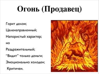 Огонь (Продавец)
Горит делом;	

Целенаправленный;	

Напористый характер;	

но	

Раздражительный;	

“Видит” только деньги; 	

Эмоционально холоден;	

Критичен.
 