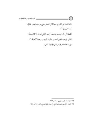 ‫٤٦١‬

‫ﺗﻨﻮﻳﺮ اﻟﻘﻠﻮب ﰲ ﻗﺮاءة ﻳﻌﻘﻮب‬

‫وﻗﺪ اﺧﺘﺎر اﺑﻦ اﳉﺰري ﻟﺮواﻳﺔ أﰊ اﳊﺴﻦ روح ﺑﻦ ﻋﺒﺪ اﳌﺆﻣﻦ اﳍﺬﱄ؛‬
‫وﻋﻨﻪ ﻃﺮﻳﻘﲔ‪:‬‬
‫ً‬
‫اﻷول: أﰊ ﺑﻜﺮ ﳏﻤﺪ ﺑﻦ وﻫﺐ ﺑﻦ ﳛﻴﻰ اﻟﺜﻘﻔﻲ؛ وﻋﻨﻪ )١٤( ﻃﺮﻳﻘﺎ.‬
‫اﻟﺜﺎﲏ: أﰊ ﻋﺒﺪ اﷲ ﺑﻦ أﲪﺪ ﺑﻦ ﺳﻠﻴﲈن اﻟﺰﺑﲑي؛ وﻋﻨﻪ )٣(ﻃﺮق‪.‬‬
‫وإﻟﻴﻚ ﻫﺬه اﻟﻄﺮق ﻣﺒﻴﻨﺔ ﰲ اﳉﺪول اﻟﺘﺎﱄ:‬

‫)١( اﻧﻈﺮ اﻟﻨﴩ ﻻﺑﻦ اﳉﺰري ج ١ ص١٥١.‬

‫ً‬
‫)٢( ﻗﺎل اﺑﻦ اﳉﺰري: ﻓﻬﺬه ﺗﺘﻤﺔ أرﺑﻊ وأرﺑﻌﲔ ﻃﺮﻳﻘﺎ ﻟﺮوح ، اﻟﻨﴩ ج ١ ص٨٤١.‬

 