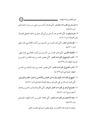 ‫ﺗﻨﻮﻳﺮ اﻟﻘﻠﻮب ﰲ ﻗﺮاءة ﻳﻌﻘﻮب‬

‫٧٦١‬

‫٨.اﳌ ـﺴﺘﻨﲑ ﰲ اﻟﻘــﺮاءات اﻟﻌ ـﴩ: ﻷﰊ ﻃــﺎﻫﺮ أﲪــﺪ ﺑ ـﻦ ﻋــﲇ ﺑ ـﻦ ﺳــﻮار اﻟﺒﻐــﺪادي‬
‫ـ‬
‫ـ‬
‫ـ‬
‫ـ‬
‫)ت:٦٩٤ﻫ(.‬

‫٩. ﻣﻔﺮدة ﻳﻌﻘﻮب :ﻷﰊ اﻟﻘﺎﺳﻢ ﻋﺒﺪ اﻟﺮﲪﻦ ﺑﻦ أﰊ ﺑﻜﺮ ﻋﺘﻴﻖ ﺑﻦ ﺧﻠﻒ اﻟﺼﻘﲇ اﳌﻌﺮوف‬
‫ﺑﺎﺑﻦ اﻟﻔﺤﺎم ) ت ٦١٥ ﻫ(.‬

‫َ ِ‬
‫٠١.اﻹرﺷﺎد ﰲ اﻟﻌﴩ: ﻷﰊ اﻟﻌﺰ ﳏﻤـﺪ ﺑـﻦ اﳊـﺴﲔ ﺑـﻦ ُﺑﻨـﺪار اﻟﻘﻼﻧـﴘ اﻟﻮاﺳـﻄﻲ‬
‫ْ َ‬
‫)ت: ١٢٥ﻫ(.‬

‫١١.اﻟﻜﻔﺎﻳﺔ اﻟﻜﱪى: ﻷﰊ اﻟﻌـﺰ ﳏﻤـﺪ ﺑـﻦ اﳊـﺴﲔ ﺑـﻦ ُﺑﻨـﺪار اﻟﻘﻼﻧـﴘ اﻟﻮاﺳـﻄﻲ.‬
‫ْ َ‬
‫٢١. ﻛﺘﺎب اﳌﻮﺿﺢ ﰲ اﻟﻘﺮاءات اﻟﻌﴩ :ﻷﰊ ﻣﻨﺼﻮر ﳏﻤﺪ ﺑﻦ ﻋﺒﺪ اﳌﻠﻚ ﺑﻦ اﳊﺴﻦ ﺑﻦ‬

‫ﺧﲑون اﻟﻌﻄﺎر )ت ٩٣٥ ﻫ(.‬

‫٣١.ﻛﺘﺎب اﳌﻔﺘﺎح ﰲ اﻟﻘﺮاءات اﻟﻌﴩ :ﻷﰊ ﻣﻨﺼﻮر ﳏﻤﺪ ﺑـﻦ ﻋﺒـﺪ اﳌﻠـﻚ ﺑـﻦ اﳊـﺴﻦ‬
‫اﻟﻌﻄﺎر اﻟﺒﻐﺪادي )ت ٩٣٥ ﻫ(.‬
‫٤١.اﳌﺒﻬﺞ ﰲ اﻟﻘﺮاءات اﻟﺜﲈن وﻗﺮاءة اﺑﻦ ﳏﻴﺼﻦ واﻷﻋﻤﺶ واﺧﺘﻴﺎر ﺧﻠﻒ واﻟﻴﺰﻳﺪي:‬
‫ﻷﰊ ﳏﻤﺪ ﻋﺒﺪ اﷲ ﺑﻦ ﻋﲇ اﳌﻌﺮوف ﺑﺴﺒﻂ اﳋﻴﺎط اﻟﺒﻐﺪادي )ت:١٤٥ﻫ(.‬

‫٥١.اﳌﺼﺒﺎح اﻟﺰاﻫﺮ ﰲ اﻟﻘﺮاءات اﻟﻌﴩ اﻟﺒﻮاﻫﺮ: ﻷﰊ اﻟﻜﺮم اﳌﺒﺎرك ﺑﻦ اﳊﺴﻦ ﺑﻦ ﻓﺘﺤﺎن‬
‫اﻟﺸﻬﺮزوري )ت:٠٥٥ﻫ(.‬

‫٦١.ﻏﺎﻳﺔ اﻻﺧﺘﺼﺎر ﰲ اﻟﻘﺮاءات اﻟﻌﴩ: ﻷﰊ اﻟﻌﻼء اﳊﺴﻦ ﺑﻦ أﲪﺪ اﻟﻌﻄـﺎر اﳍﻤـﺬاﲏ‬
‫)ت: ٩٦٥ﻫ(.‬

‫ً‬
‫وإﻟﻴﻚ ﻣﺎ ذﻛﺮﺗﻪ ﻫﺬه اﻟﻜﺘﺐ ﻣﻦ ﻃﺮق ﻳﻌﻘﻮب ﻣﺒﻴﻨﺎ ﰲ اﳉﺪول اﻟﺘﺎﱄ.‬

 