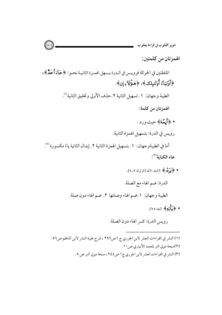 ‫ﺗﻨﻮﻳﺮ اﻟﻘﻠﻮب ﰲ ﻗﺮاءة ﻳﻌﻘﻮب‬

‫١٧١‬

‫اﳍﻤﺰﺗﺎن ﻣﻦ ﻛﻠﻤﺘﲔ:‬
‫اﳌﺘﻔﻘﺘﲔ ﰲ اﳊﺮﻛﺔ ﻓﺮوﻳـﺲ ﰲ اﻟـﺪرة ﻳـﺴﻬﻞ اﳍﻤـﺰة اﻟﺜﺎﻧﻴـﺔ ﻧﺤـﻮ: ﴿‪،﴾ ‬‬

‫﴿‪.﴾ ﴿ ،﴾ ‬‬

‫اﻟﻄﻴﺒﺔ وﺟﻬﺎن: ١. ﺗﺴﻬﻴﻞ اﻟﺜﺎﻧﻴﺔ ٢.ﺣﺬف اﻷوﱃ وﲢﻘﻴﻖ اﻟﺜﺎﻧﻴﺔ‪.‬‬
‫اﳍﻤﺰﺗﺎن ﻣﻦ ﻛﻠﻤﺔ:‬

‫• ﴿‪ ﴾ú‬ﺣﻴﺚ ورد .‪ ‬‬
‫روﻳﺲ ﰲ اﻟﺪرة: ﺑﺘﺴﻬﻴﻞ اﳍﻤﺰة اﻟﺜﺎﻧﻴﺔ.‬
‫أﻣﺎ ﰲ اﻟﻄﻴﺒﺔوﺟﻬﺎن: ١. ﺑﺘﺴﻬﻴﻞ اﳍﻤﺰة اﻟﺜﺎﻧﻴﺔ ٢. إﺑﺪال اﻟﺜﺎﻧﻴﺔ ﻳﺎء ﻣﻜﺴﻮرة ‪.‬‬
‫ً‬

‫ﻫﺎء اﻟﻜﻨﺎﻳﺔ‪:‬‬

‫• ﴿‪] ﴾‬اﻟﺒﻠﺪ:٧[، ]اﻟﺰﻟﺰﻟﺔ:٧، ٨[.‬
‫اﻟﺪرة: ﺿﻢ اﳍﺎء ﻣﻊ اﻟﺼﻠﺔ.‬
‫اﻟﻄﻴﺒﺔ وﺟﻬﺎن: ١.ﺿﻢ اﳍﺎء وﺻﻠﺘﻬﺎ ٢. ﺿﻢ اﳍﺎء دون ﺻﻠﺔ.‬

‫• ﴿‪] ﴾‬ﻃﻪ:٥٧[.‬
‫روﻳﺲ اﻟﺪرة: ﻛﴪ اﳍﺎء دون اﻟﺼﻠﺔ.‬
‫)١( اﻟﻨﴩ ﰲ اﻟﻘﺮاءات اﻟﻌﴩ ﻻﺑﻦ اﳉﺰري ج ١ص٦٩٢ ، ﴍح ﻃﻴﺒﺔ اﻟﻨﴩ ﻻﺑﻦ اﻟﻨﺎﻇﻢ ص٦٨.‬

‫)٢(ﻣﻨﺤﺔ ﻣﻮﱃ اﻟﱪ ﳌﺤﻤﺪ اﻷﺑﻴﺎري ص٠١.‬

‫)٣( اﻟﻨﴩ ﰲ اﻟﻘﺮاءات اﻟﻌﴩ ﻻﺑﻦ اﳉﺰري ج١ ص٤٤٢ ، ﻣﻨﺤﺔ ﻣﻮﱃ اﻟﱪ ص ٨.‬

 