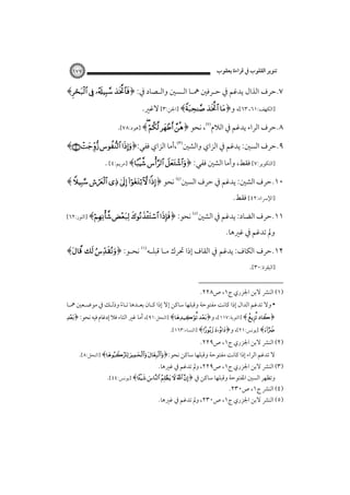 ‫ﺗﻨﻮﻳﺮ اﻟﻘﻠﻮب ﰲ ﻗﺮاءة ﻳﻌﻘﻮب‬

‫٧٧١‬

‫٧.ﺣﺮف اﻟﺬال ﻳﺪﻏﻢ ﰲ ﺣـﺮﻓﲔ ﳘـﺎ اﻟـﺴﲔ واﻟـﺼﺎد ﰲ: ﴿‪﴾   ‬‬
‫]اﻟﻜﻬﻒ:١٦، ٣٦[، و﴿‪] ﴾  ‬اﳉﻦ:٣[ ﻻﻏﲑ.‬

‫٨.ﺣﺮف اﻟﺮاء ﻳﺪﻏﻢ ﰲ اﻟﻼم‪ ،‬ﻧﺤﻮ ﴿‪] ﴾   ‬ﻫﻮد:٨٧[.‬
‫٩.ﺣﺮف اﻟﺴﲔ: ﻳﺪﻏﻢ ﰲ اﻟﺰاي واﻟﺸﲔ‪،‬أﻣﺎ اﻟﺰاي ﻓﻔﻲ:﴿‪﴾   ‬‬
‫]اﻟﺘﻜﻮﻳﺮ:٧[ ﻓﻘﻂ، وأﻣﺎ اﻟﺸﲔ ﻓﻔﻲ: ﴿‪] ﴾  ‬ﻣﺮﻳﻢ:٤[ .‬

‫٠١.ﺣﺮف اﻟﺸﲔ: ﻳﺪﻏﻢ ﰲ ﺣﺮف اﻟﺴﲔ‪ ‬ﻧﺤﻮ ﴿‪﴾      ‬‬
‫]اﻹﴎاء:٢٤[ ﻓﻘﻂ.‬

‫١١.ﺣﺮف اﻟﻀﺎد: ﻳﺪﻏﻢ ﰲ اﻟﺸﲔ‬
‫وﱂ ﺗﺪﻏﻢ ﰲ ﻏﲑﻫﺎ.‬

‫‪‬‬

‫ﻧﺤﻮ: ﴿ ‪] ﴾    ‬اﻟﻨﻮر:٢٦[‬

‫٢١.ﺣﺮف اﻟﻜﺎف: ﻳﺪﻏﻢ ﰲ اﻟﻘﺎف إذا ﲢﺮك ﻣـﺎ ﻗﺒﻠـﻪ‪ ‬ﻧﺤـﻮ: ﴿‪ ‬‬

‫]اﻟﺒﻘﺮة:٠٣[.‬

‫‪﴾‬‬

‫)١( اﻟﻨﴩ ﻻﺑﻦ اﳉﺰري ج١، ص٨٢٢.‬

‫• وﻻ ﺗﺪﻏﻢ اﻟﺪال إذا ﻛﺎﻧﺖ ﻣﻔﺘﻮﺣﺔ وﻗﺒﻠﻬﺎ ﺳﺎﻛﻦ إﻻ إذا ﻛـﺎن ﺑﻌـﺪﻫﺎ ﺗـﺎء وذﻟـﻚ ﰲ ﻣﻮﺿـﻌﲔ ﳘـﺎ‬
‫ً‬

‫﴿ ‪] ﴾   ‬اﻟﺘﻮﺑﺔ:٧١١[، و﴿‪] ﴾    ‬اﻟﻨﺤﻞ:١٩[، أﻣﺎ ﻏﲑ اﻟﺘﺎء ﻓﻼ إدﻏﺎم ﻓﻴﻪ ﻧﺤﻮ: ﴿‪‬‬

‫‪] ﴾‬ﻳﻮﻧﺲ:١٢[، و﴿‪] ﴾ ‬اﻟﻨﺴﺎء:٣٦١[.‬

‫)٢( اﻟﻨﴩ ﻻﺑﻦ اﳉﺰري ج١، ص٩٢٢.‬

‫ﻻ ﺗﺪﻏﻢ اﻟﺮاء إذا ﻛﺎﻧﺖ ﻣﻔﺘﻮﺣﺔ وﻗﺒﻠﻬﺎ ﺳﺎﻛﻦ ﻧﺤﻮ:﴿‪] ﴾  ‬اﻟﻨﺤﻞ:٨[.‬

‫)٣( اﻟﻨﴩ ﻻﺑﻦ اﳉﺰري ج١، ص٩٢٢، وﱂ ﺗﺪﻏﻢ ﰲ ﻏﲑﻫﺎ.‬

‫وﺗﻈﻬﺮ اﻟﺴﲔ اﳌﻔﺘﻮﺣﺔ وﻗﺒﻠﻬﺎ ﺳﺎﻛﻦ ﰲ ﴿‪] ﴾     ‬ﻳﻮﻧﺲ:٤٤[.‬
‫)٤( اﻟﻨﴩ ج١، ص٠٣٢.‬

‫)٥( اﻟﻨﴩ ﻻﺑﻦ اﳉﺰري ج١، ص٠٣٢، وﱂ ﺗﺪﻏﻢ ﰲ ﻏﲑﻫﺎ.‬

 