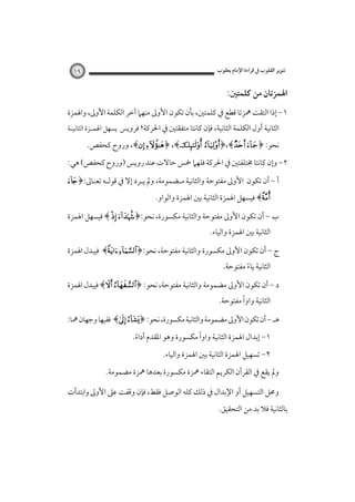 ‫ﺗﻨﻮﻳﺮ اﻟﻘﻠﻮب ﰲ ﻗﺮاءة اﻹﻣﺎم ﻳﻌﻘﻮب‬

‫٩١‬

‫اﳍﻤﺰﺗﺎن ﻣﻦ ﻛﻠﻤﺘﲔ:‬
‫١- إذا اﻟﺘﻘﺖ ﳘﺰﺗﺎ ﻗﻄﻊ ﰲ ﻛﻠﻤﺘﲔ، ﺑﺄن ﺗﻜﻮن اﻷوﱃ ﻣﻨﻬﲈ آﺧﺮ اﻟﻜﻠﻤﺔ اﻷوﱃ، واﳍﻤﺰة‬

‫اﻟﺜﺎﻧﻴﺔ أول اﻟﻜﻠﻤﺔ اﻟﺜﺎﻧﻴﺔ، ﻓﺈن ﻛﺎﻧﺘﺎ ﻣﺘﻔﻘﺘﲔ ﰲ اﳊﺮﻛﺔ؛ ﻓﺮوﻳﺲ ﻳﺴﻬﻞ اﳍﻤـﺰة اﻟﺜﺎﻧﻴـﺔ‬

‫ﻧﺤﻮ: ﴿‪ ،﴾ ﴿ ،﴾ ﴿،﴾ ‬وروح ﻛﺤﻔﺺ.‬

‫٢- وإن ﻛﺎﻧﺘﺎ ﳐﺘﻠﻔﺘﲔ ﰲ اﳊﺮﻛﺔ ﻓﻠﻬﲈ ﲬﺲ ﺣﺎﻻت ﻋﻨﺪ روﻳﺲ )وروح ﻛﺤﻔﺺ( ﻫﻲ:‬
‫أ - أن ﺗﻜﻮن‬

‫اﻷوﱃ ﻣﻔﺘﻮﺣﺔ واﻟﺜﺎﻧﻴﺔ ﻣـﻀﻤﻮﻣﺔ، وﱂ ﻳـﺮد إﻻ ﰲ ﻗﻮﻟـﻪ ﺗﻌـﺎﱃ:﴿‪‬‬

‫‪ ﴾‬ﻓﻴﺴﻬﻞ اﳍﻤﺰة اﻟﺜﺎﻧﻴﺔ ﺑﲔ اﳍﻤﺰة واﻟﻮاو.‬

‫ب - أن ﺗﻜﻮن اﻷوﱃ ﻣﻔﺘﻮﺣﺔ واﻟﺜﺎﻧﻴﺔ ﻣﻜﺴﻮرة، ﻧﺤﻮ:﴿‪ ﴾  ‬ﻓﻴﺴﻬﻞ اﳍﻤﺰة‬
‫اﻟﺜﺎﻧﻴﺔ ﺑﲔ اﳍﻤﺰة واﻟﻴﺎء.‬

‫ج - أن ﺗﻜﻮن اﻷوﱃ ﻣﻜﺴﻮرة واﻟﺜﺎﻧﻴﺔ ﻣﻔﺘﻮﺣﺔ، ﻧﺤﻮ:﴿‪ ﴾ ‬ﻓﻴﺒﺪل اﳍﻤﺰة‬
‫اﻟﺜﺎﻧﻴﺔ ﻳﺎء ﻣﻔﺘﻮﺣﺔ.‬
‫ً‬

‫د - أن ﺗﻜﻮن اﻷوﱃ ﻣﻀﻤﻮﻣﺔ واﻟﺜﺎﻧﻴﺔ ﻣﻔﺘﻮﺣﺔ، ﻧﺤﻮ: ﴿‪ ﴾ ‬ﻓﻴﺒﺪل اﳍﻤﺰة‬
‫ً‬
‫اﻟﺜﺎﻧﻴﺔ واوا ﻣﻔﺘﻮﺣﺔ.‬

‫ﻫـ - أن ﺗﻜﻮن اﻷوﱃ ﻣﻀﻤﻮﻣﺔ واﻟﺜﺎﻧﻴﺔ ﻣﻜﺴﻮرة، ﻧﺤﻮ: ﴿‪ ﴾ ‬ﻓﻔﻴﻬﺎ وﺟﻬﺎن ﳘﺎ:‬
‫ً‬
‫١- إﺑﺪال اﳍﻤﺰة اﻟﺜﺎﻧﻴﺔ واوا ﻣﻜﺴﻮرة وﻫﻮ اﳌﻘﺪم أداء.‬
‫ً‬
‫٢- ﺗﺴﻬﻴﻞ اﳍﻤﺰة اﻟﺜﺎﻧﻴﺔ ﺑﲔ اﳍﻤﺰة واﻟﻴﺎء.‬

‫وﱂ ﻳﻘﻊ ﰲ اﻟﻘﺮآن اﻟﻜﺮﻳﻢ اﻟﺘﻘﺎء ﳘﺰة ﻣﻜﺴﻮرة ﺑﻌﺪﻫﺎ ﳘﺰة ﻣﻀﻤﻮﻣﺔ.‬
‫وﳏﻞ اﻟﺘﺴﻬﻴﻞ أو اﻹﺑﺪال ﰲ ذﻟﻚ ﻛﻠﻪ اﻟﻮﺻﻞ ﻓﻘﻂ، ﻓﺈن وﻗﻔﺖ ﻋﲆ اﻷوﱃ واﺑﺘﺪأت‬

‫ﺑﺎﻟﺜﺎﻧﻴﺔ ﻓﻼ ﺑﺪ ﻣﻦ اﻟﺘﺤﻘﻴﻖ.‬

 